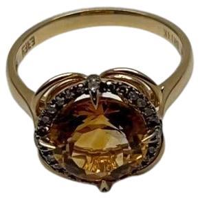 Bernstein Orange Citrin Diamant Pave Set Blume Floral 14K Gelbgold Ring