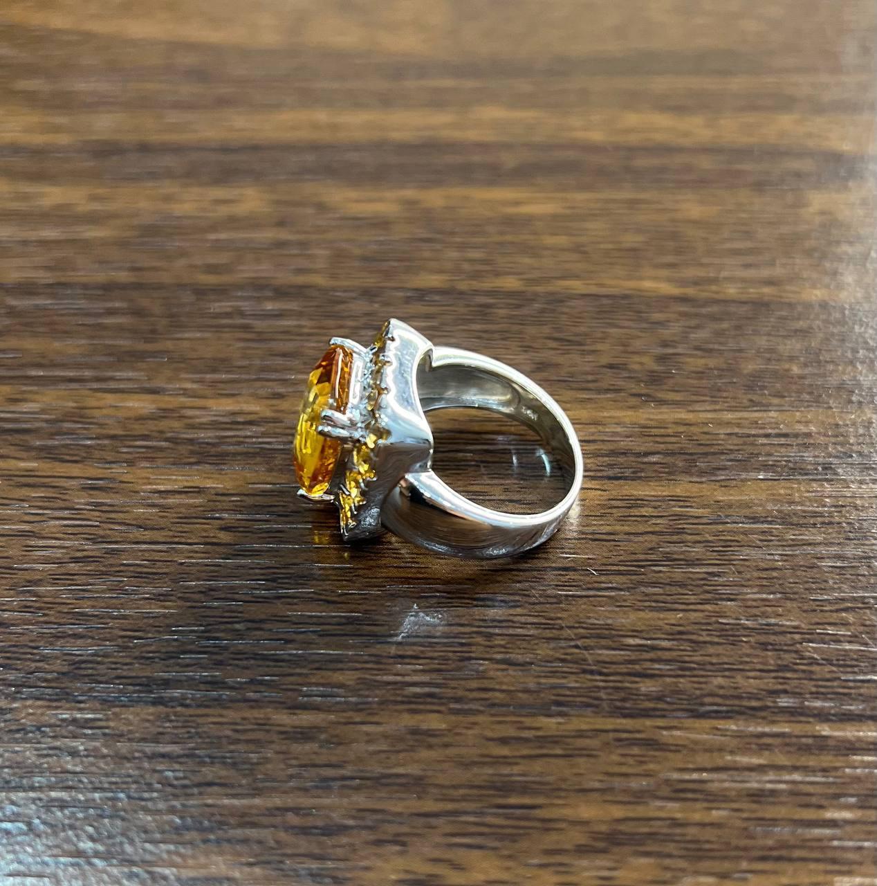Women's Amber Orange Citrine Halo Citrines 14K White Gold Statement Cocktail Ring For Sale