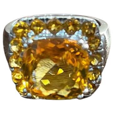 Amber Orange Citrine Halo Citrines 14K White Gold Statement Cocktail Ring For Sale