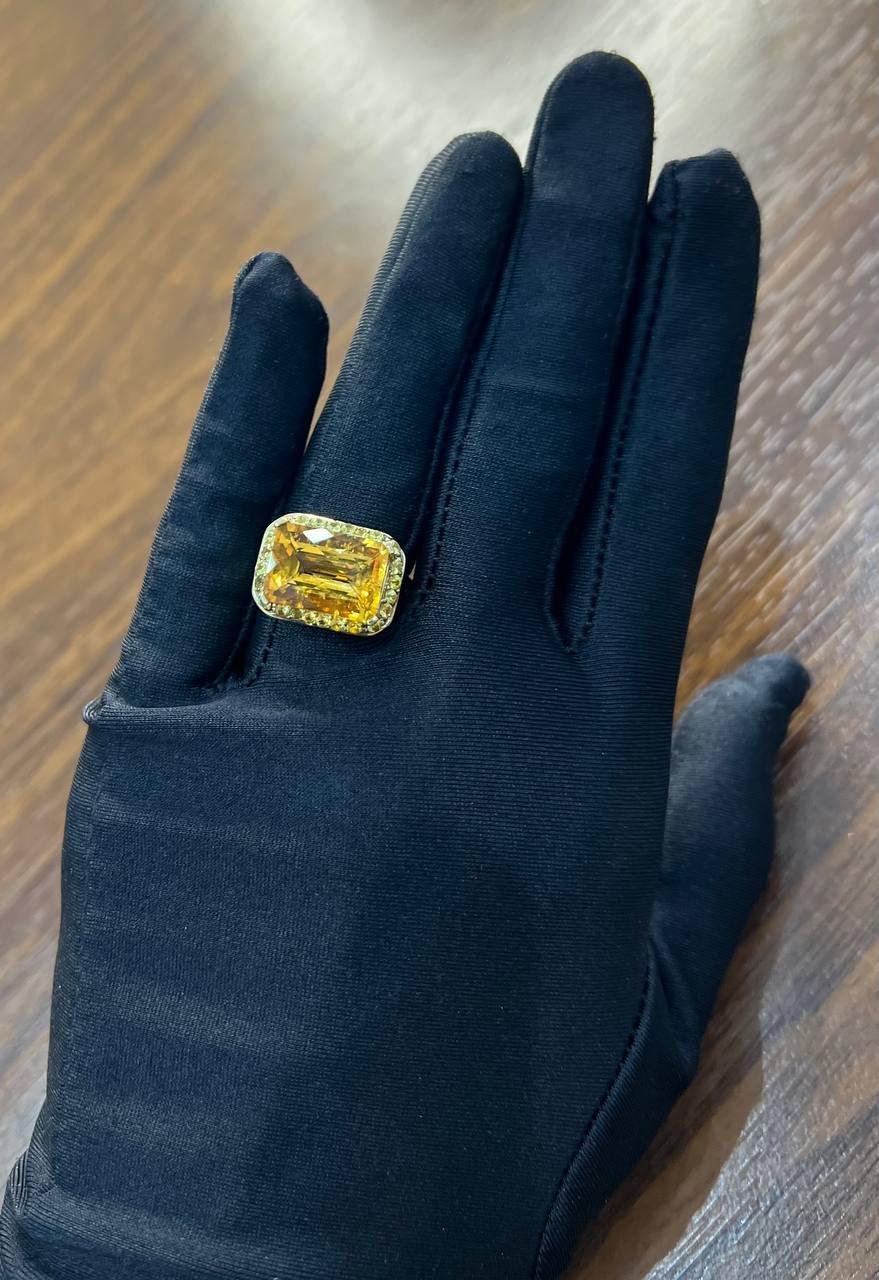 Amber Orange Citrine Yellow Champagne Diamond Halo Pave Set 10K Yellow Gold Ring For Sale 8