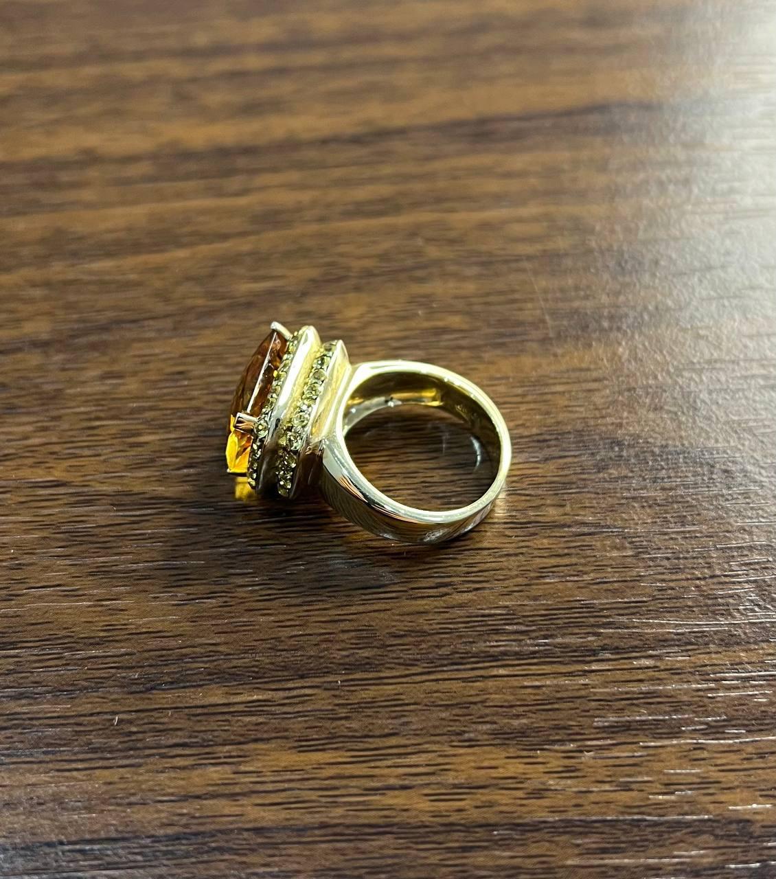 Mixed Cut Amber Orange Citrine Yellow Champagne Diamond Halo Pave Set 10K Yellow Gold Ring For Sale