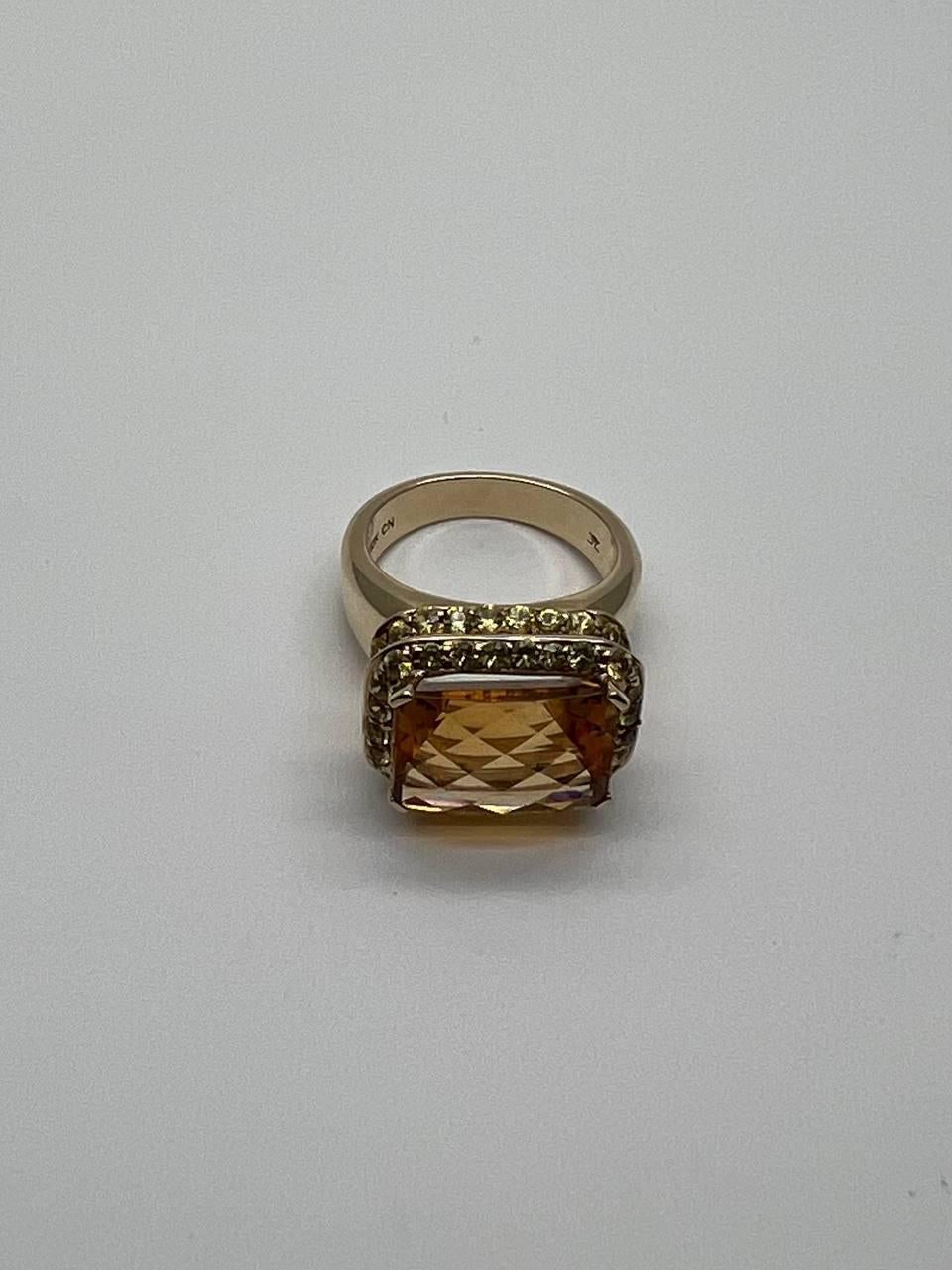 Amber Orange Citrine Yellow Champagne Diamond Halo Pave Set 10K Yellow Gold Ring For Sale 2