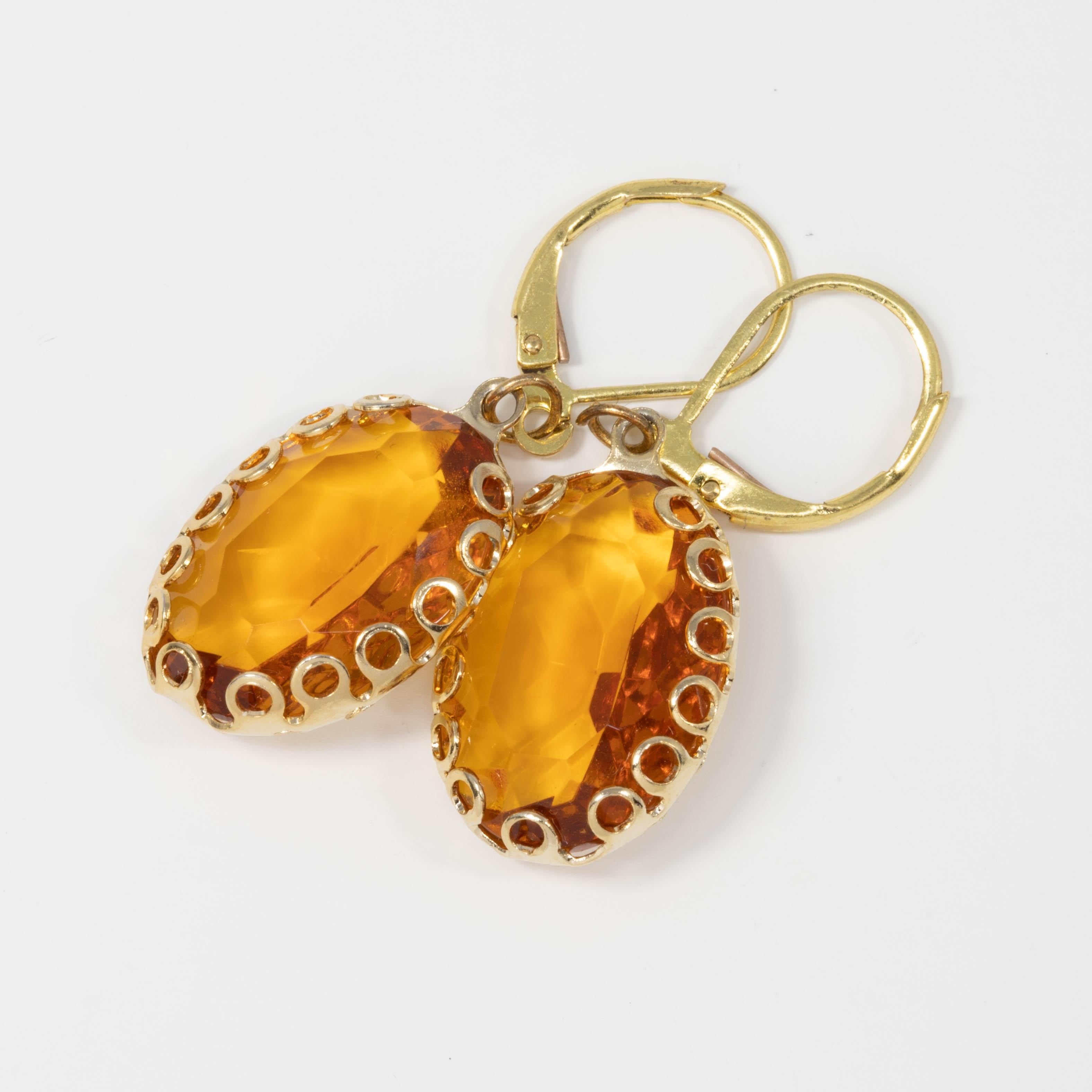 Retro Amber Orange Crystal Dangling Lever Back Dangle Earrings in Gold For Sale