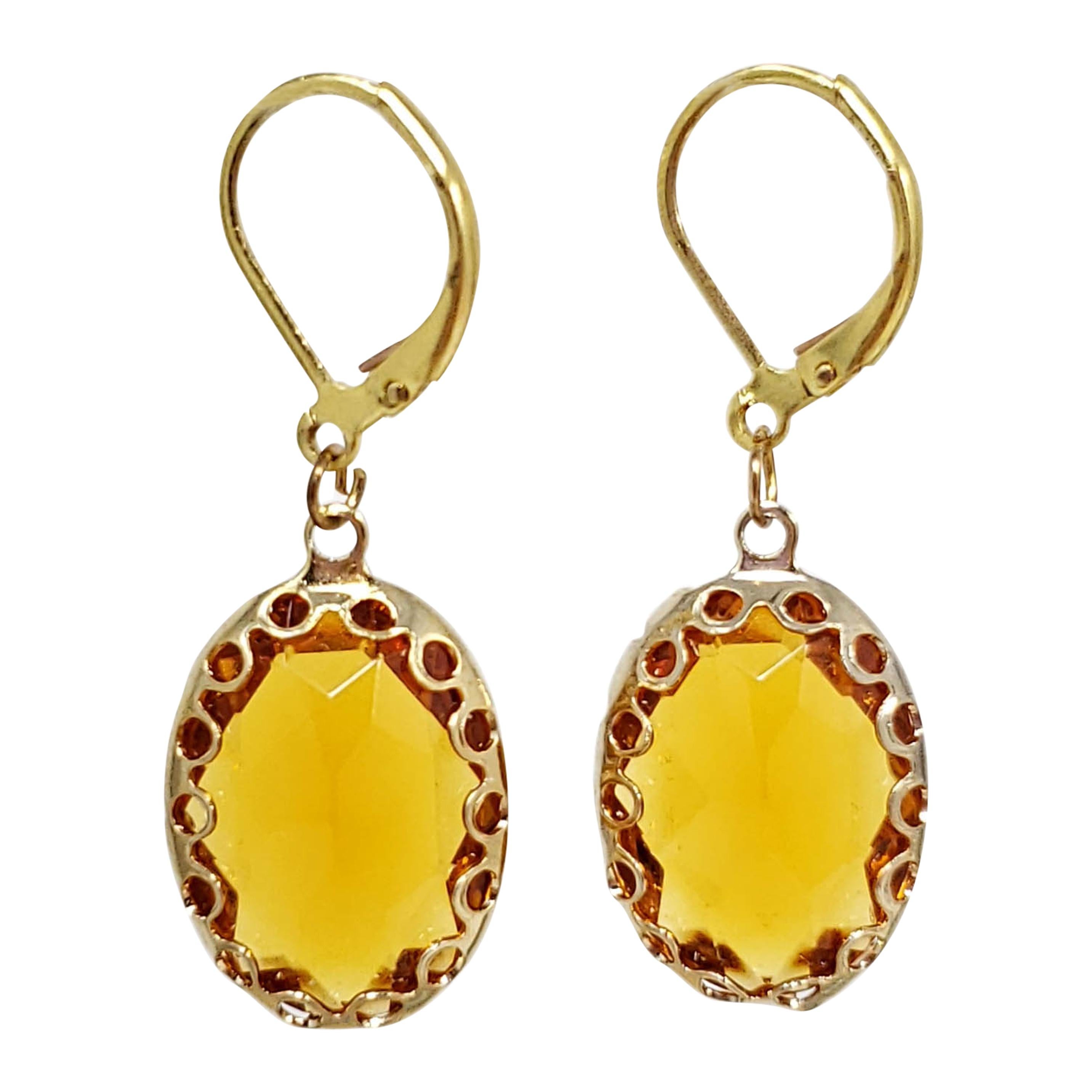 Amber Orange Crystal Dangling Lever Back Dangle Earrings in Gold For Sale
