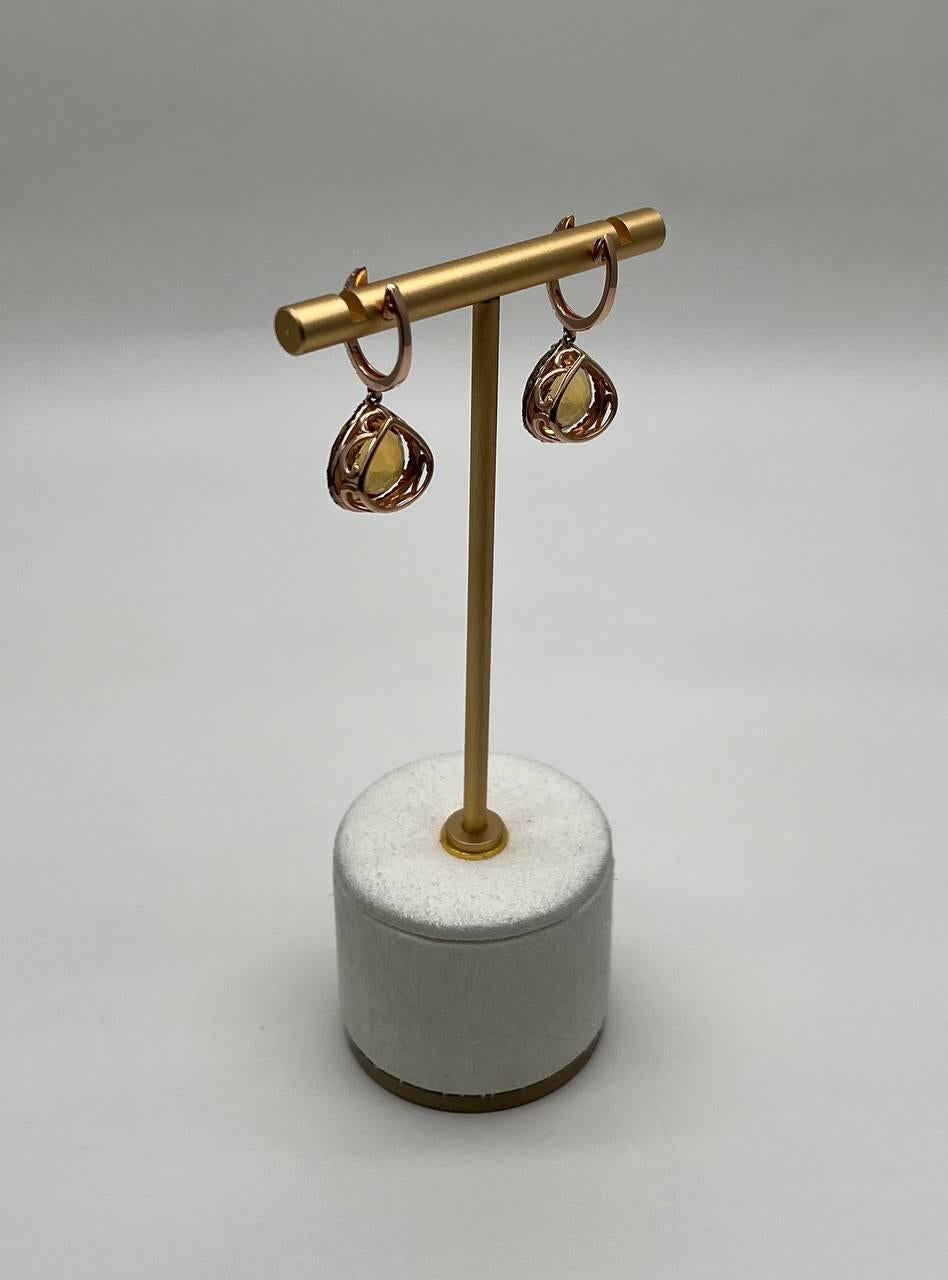 Scopri l'eleganza di questi orecchini con citrino e diamanti. Caratterizzati da 13,75 carati di citrino con taglio a pera, questi orecchini affascinano con la loro vibrante tonalità arancione. Accentuati da 0,41 carati di diamanti champagne,