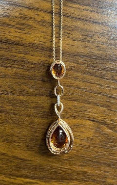 Amber Orange Pear Teardrop Shape Champagne Diamonds Halo Gold Pendant Necklace