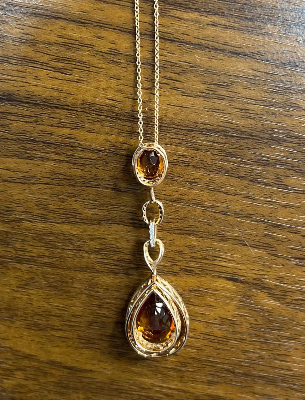 Pear Cut Amber Orange Pear Teardrop Shape Champagne Diamonds Halo Gold Pendant Necklace For Sale