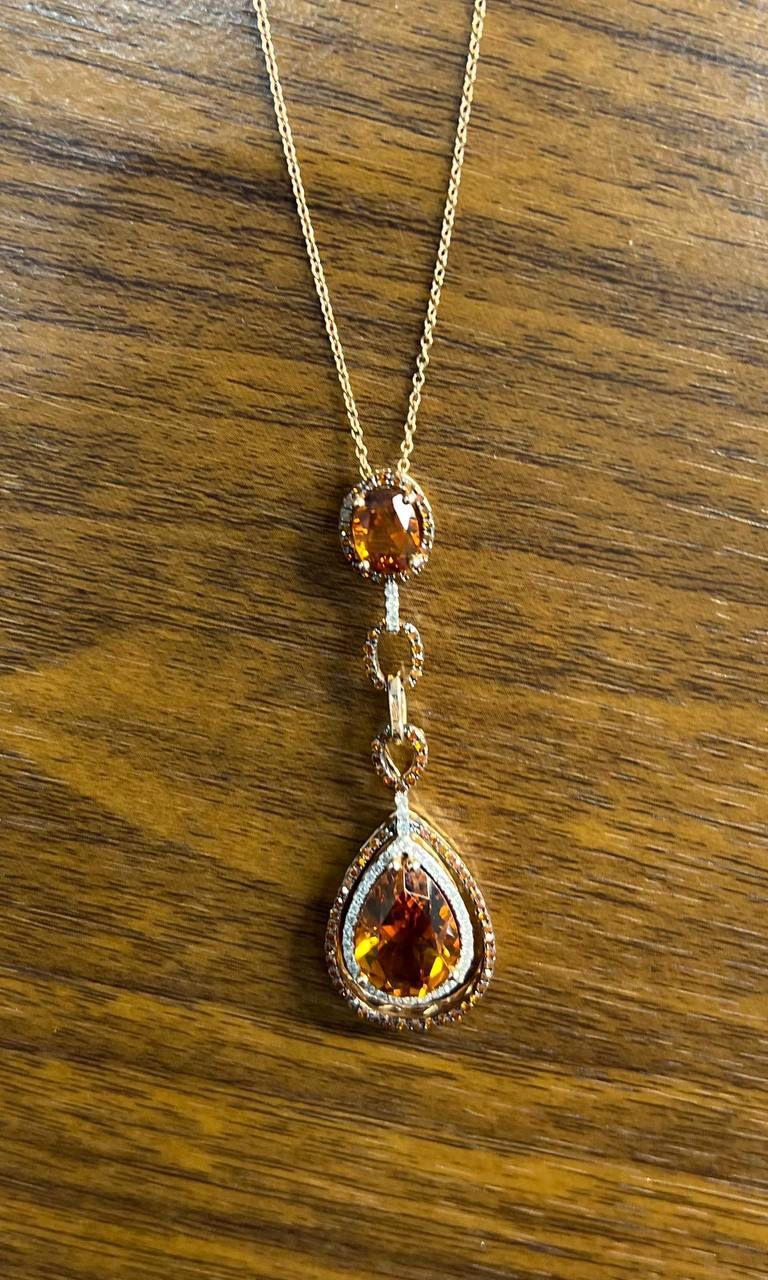 Amber Orange Pear Teardrop Shape Champagne Diamonds Halo Gold Pendant Necklace In New Condition For Sale In Oakton, VA