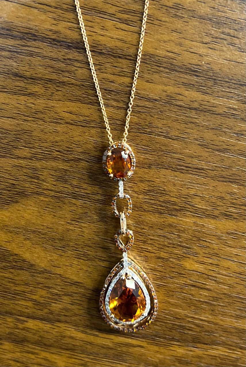 Women's Amber Orange Pear Teardrop Shape Champagne Diamonds Halo Gold Pendant Necklace For Sale