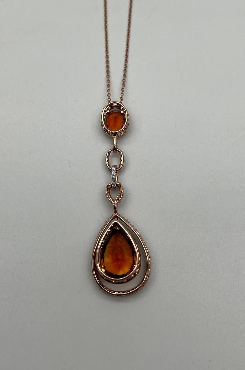 Amber Orange Pear Teardrop Shape Champagne Diamonds Halo Gold Pendant Necklace For Sale 1