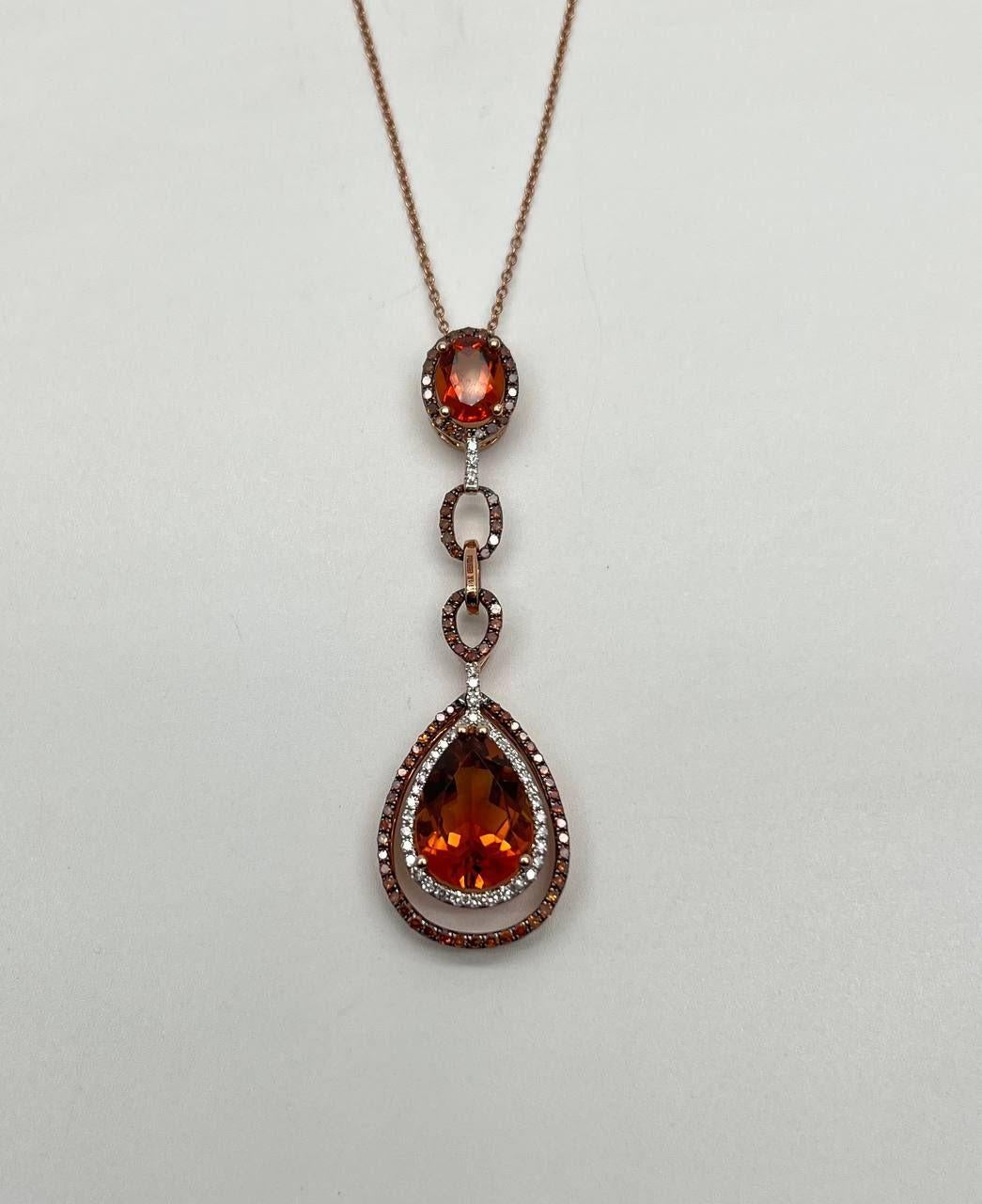 Amber Orange Pear Teardrop Shape Champagne Diamonds Halo Gold Pendant Necklace For Sale 2