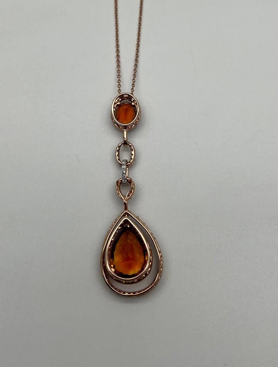 Amber Orange Pear Teardrop Shape Champagne Diamonds Halo Gold Pendant Necklace For Sale 3