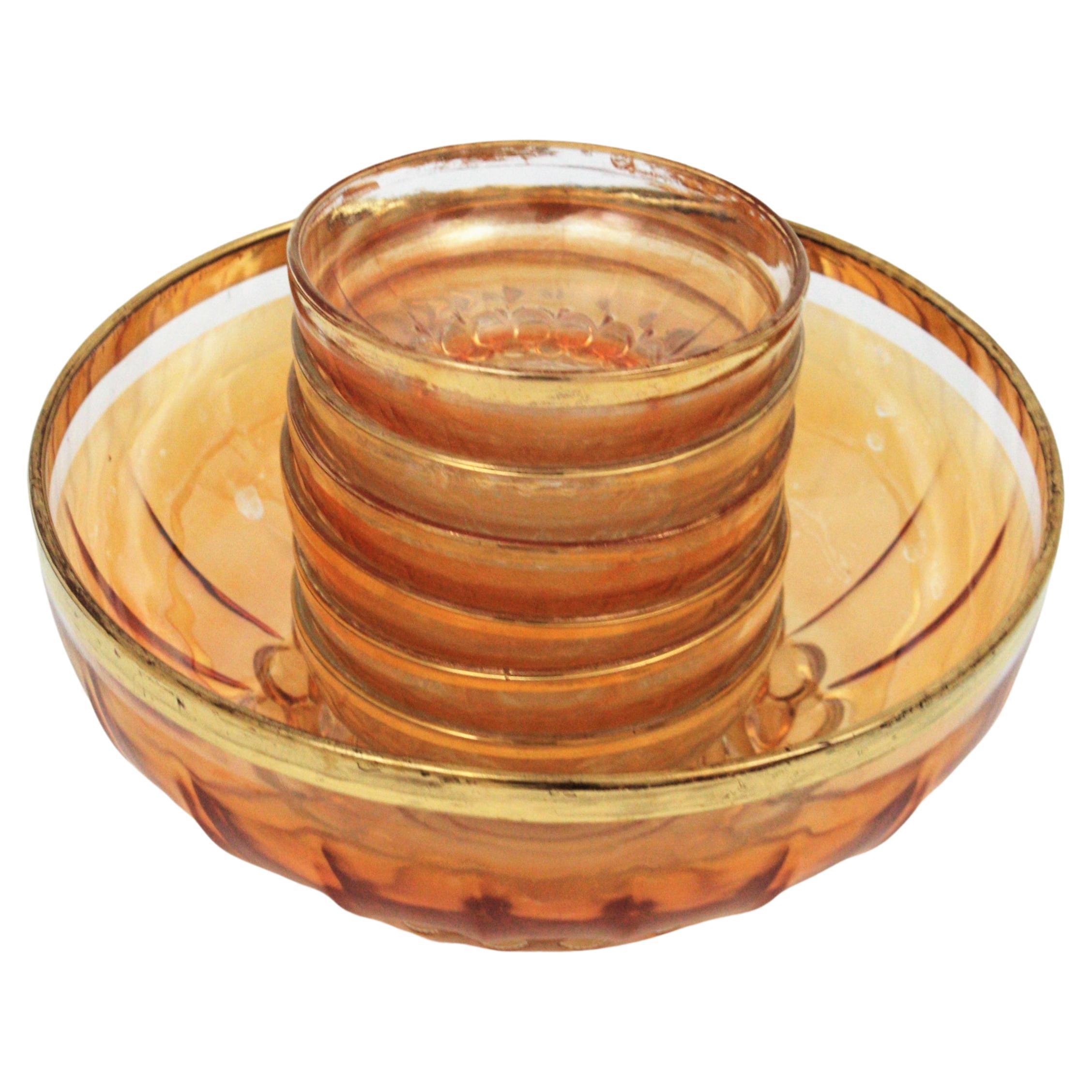 Amber Pattern Pressed Glass Gold Rim Bowls / Dessert Serving Set