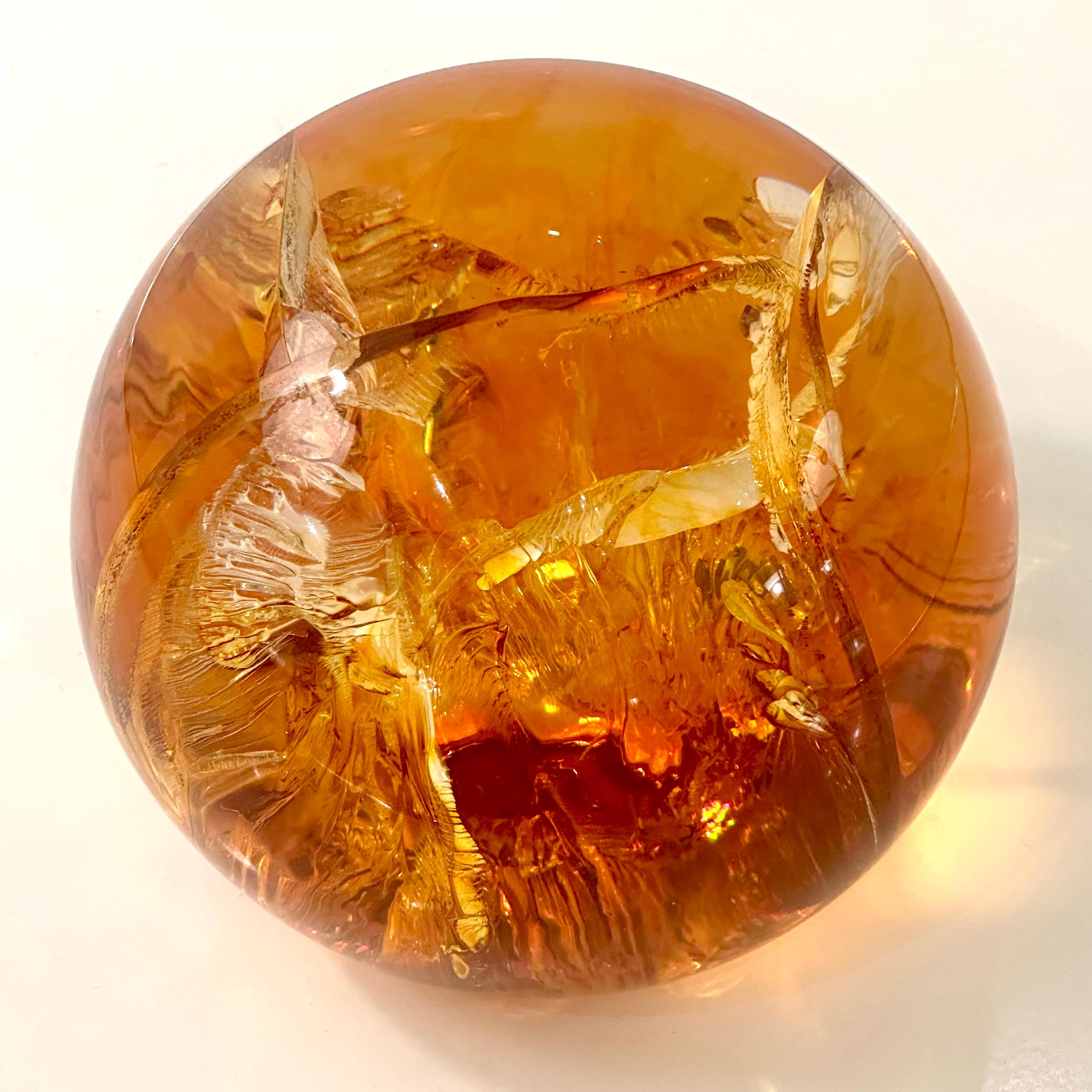 Amber Resin Fractal in the style of Francois Godebski, ca 1970s

Very cool resin sphere in an amber color, unsigned, but certainly has all the hallmarks of Francois Godebski sculpture. A fantastic decorative sculpture for tabletop, console, or