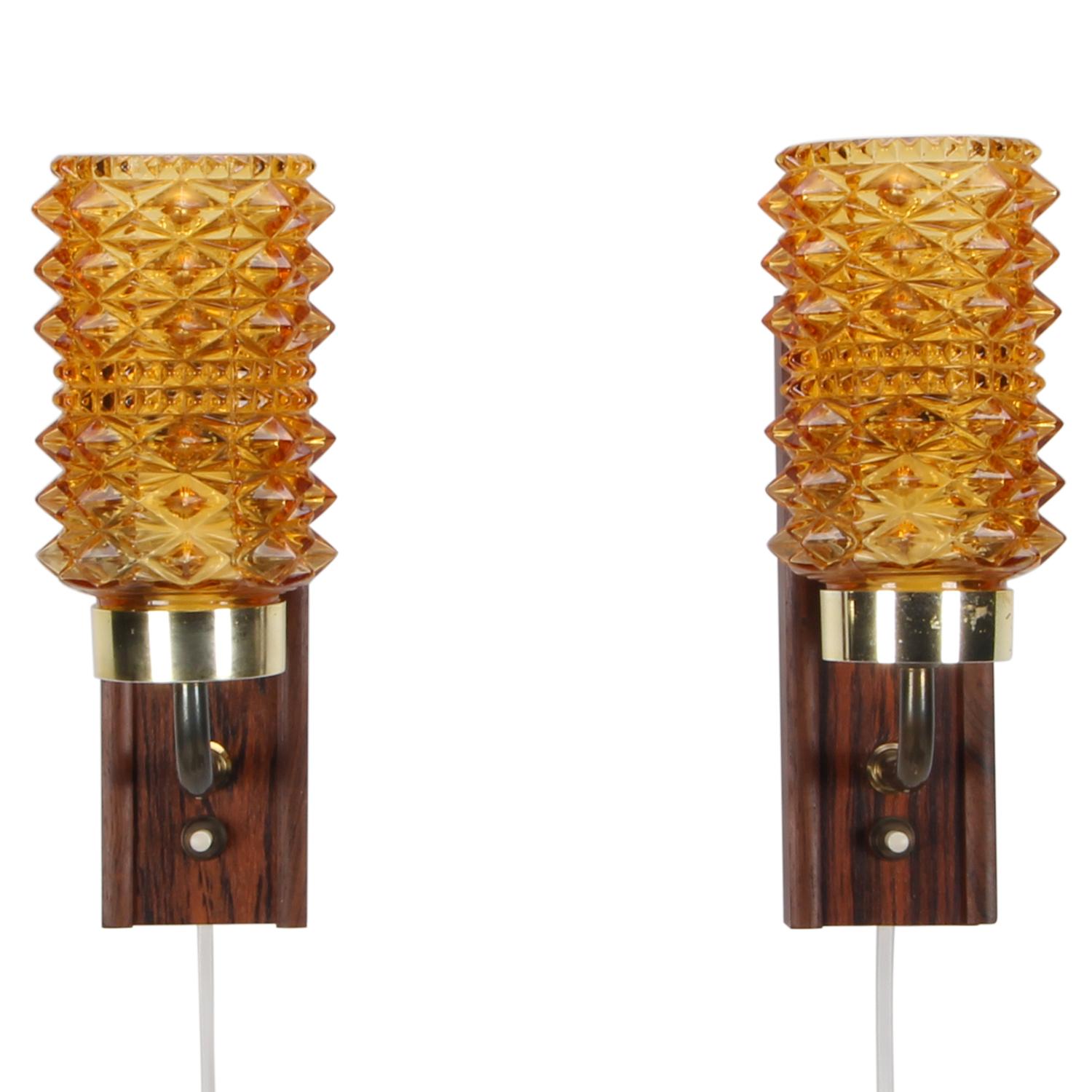 Mid-Century Modern Amber & Rosewood Wall Lamps Pair, 1950s Danish Vintage Wall Lights