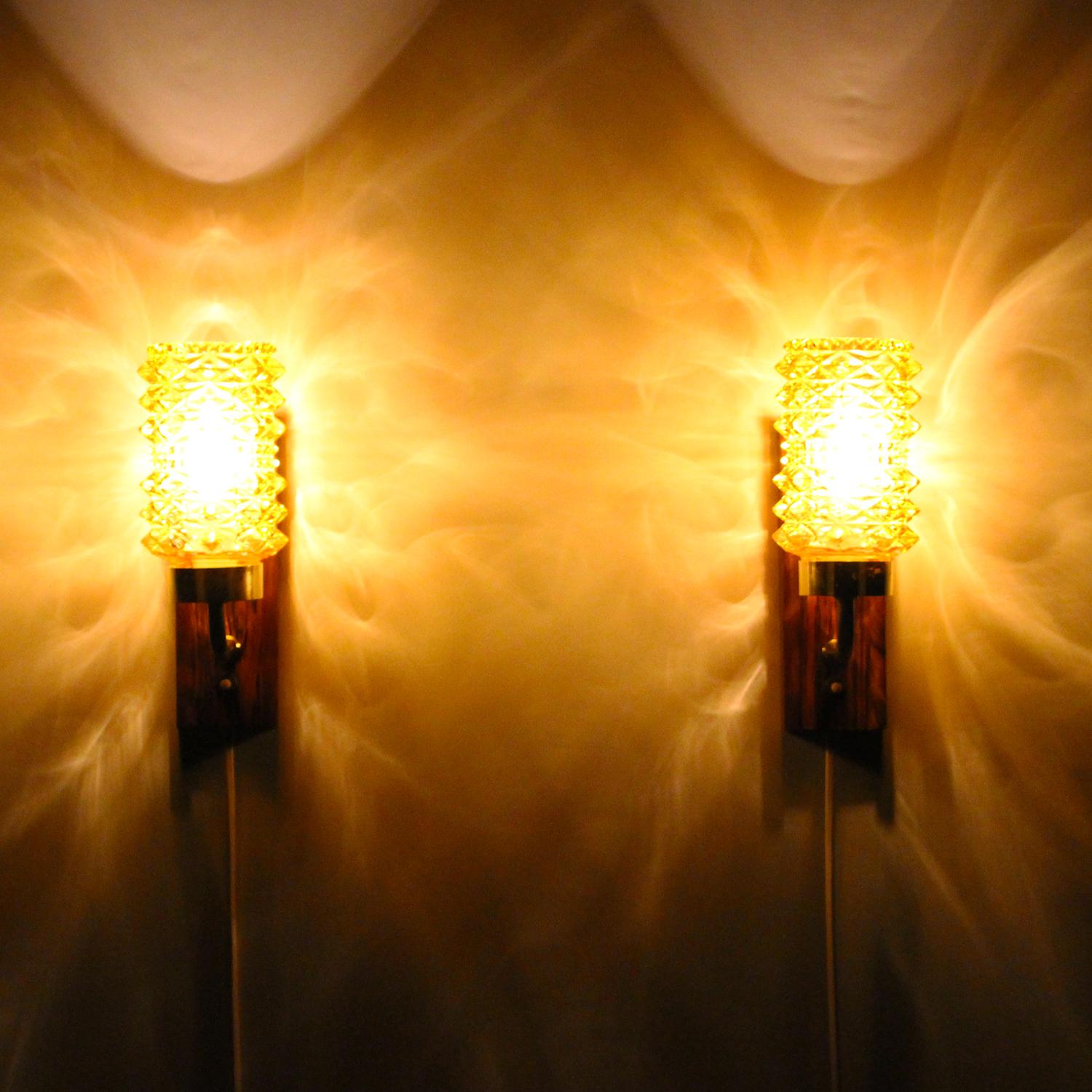Scandinavian Amber & Rosewood Wall Lamps Pair, 1950s Danish Vintage Wall Lights