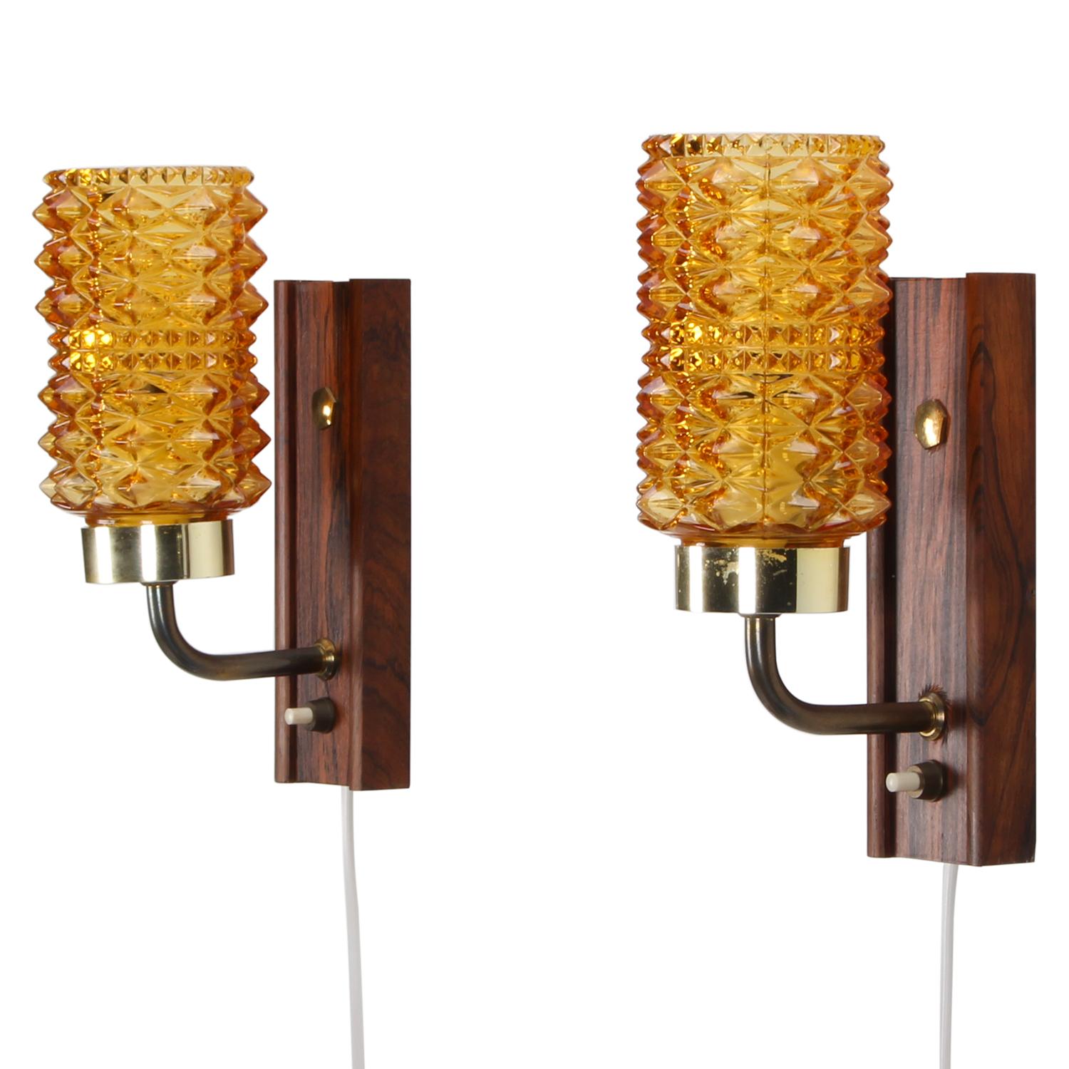 Lacquered Amber & Rosewood Wall Lamps Pair, 1950s Danish Vintage Wall Lights