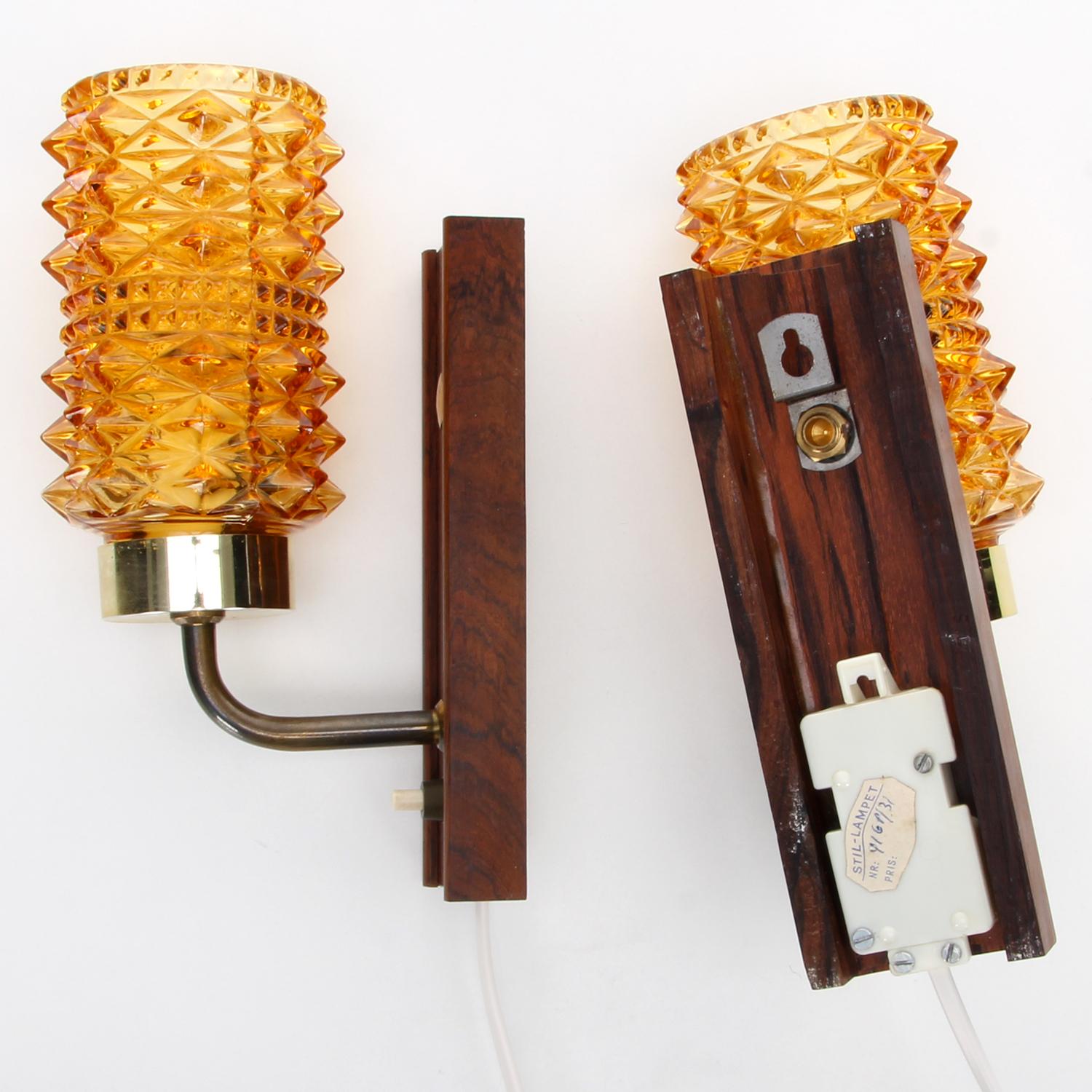 Mid-20th Century Amber & Rosewood Wall Lamps Pair, 1950s Danish Vintage Wall Lights