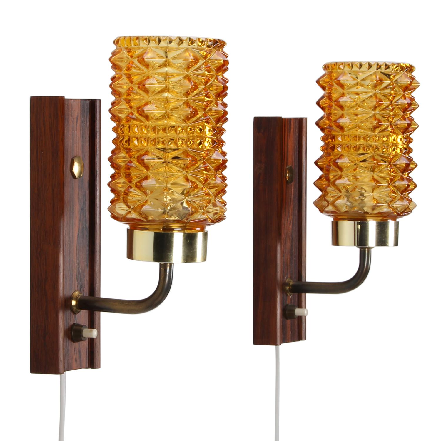 Amber & Rosewood Wall Lamps Pair, 1950s Danish Vintage Wall Lights