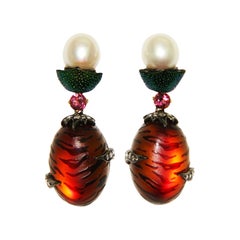 Amber Scarab Pearl Pink Tourmalines 18 Karat Gold Dangle Earrings