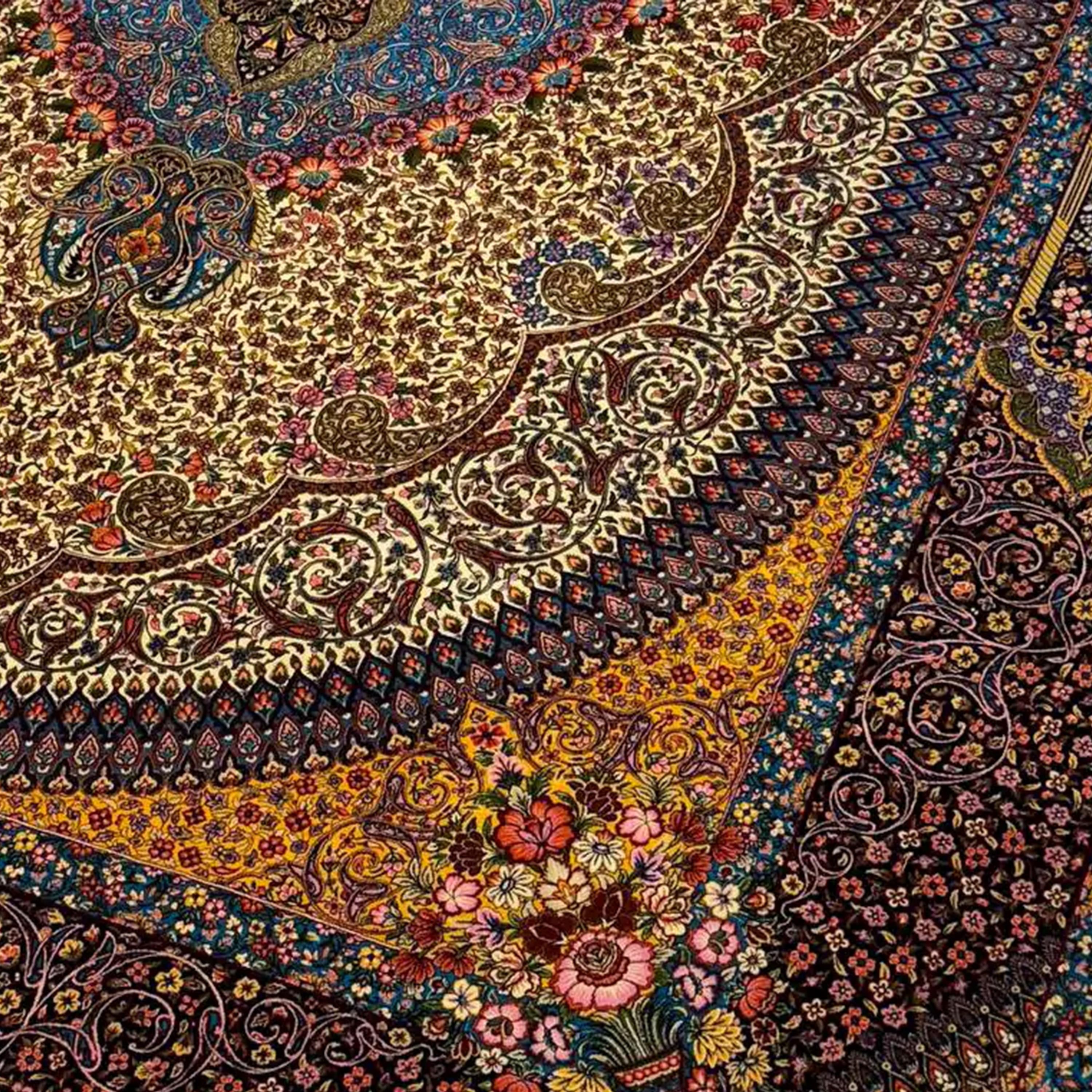 Hand-Knotted Amber Sky Garden Persian Pure Silk Rug, Iranian Craftsmanship, 0057 For Sale