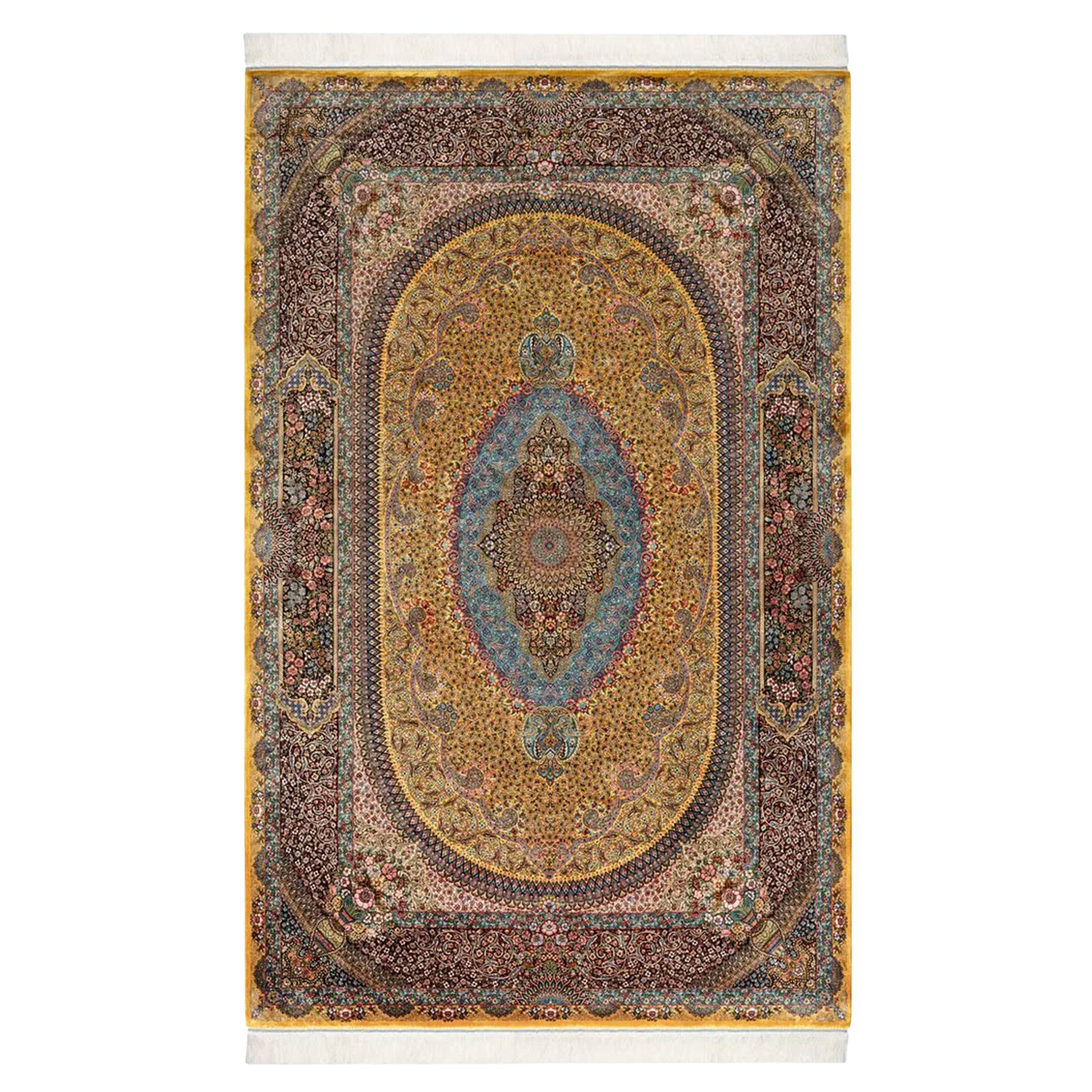 Alfombra Persa de Seda Pura Jardín Cielo Ámbar, Artesanía Iraní, 0057