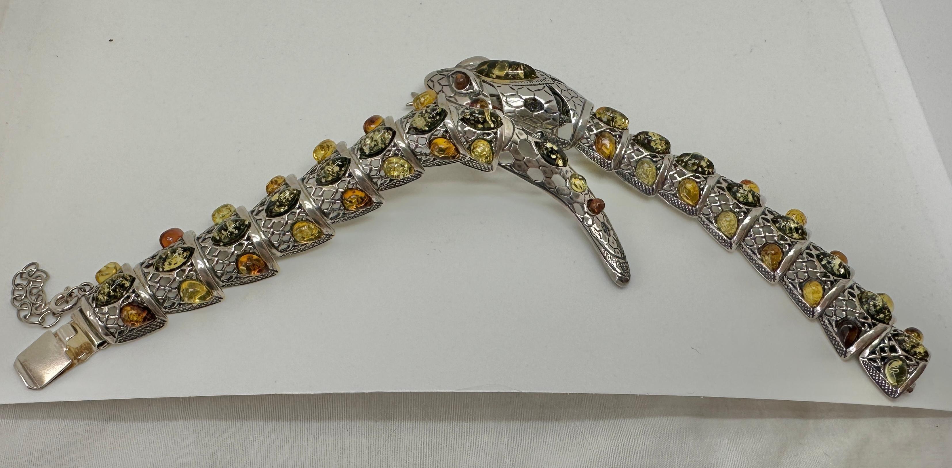 Amber Snake Bracelet Sterling Silver Articulated Mouth Opens  3