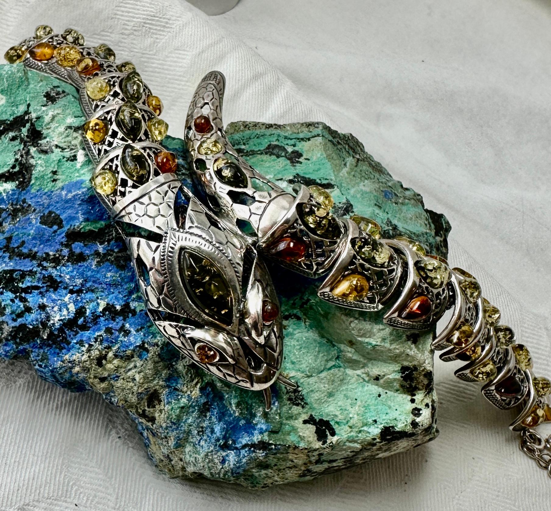 Amber Snake Bracelet Sterling Silver Articulated Mouth Opens 5
