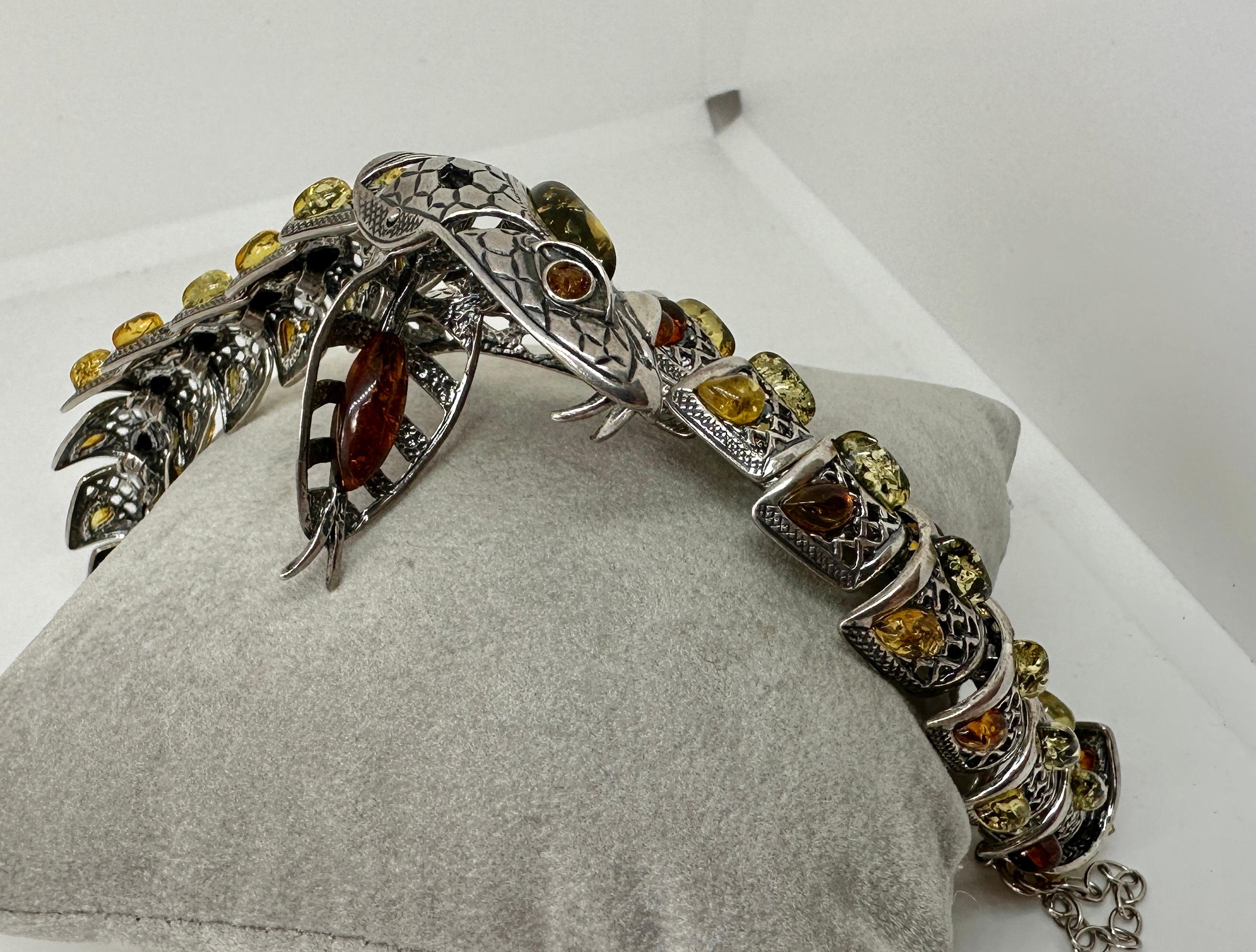 Amber Snake Bracelet Sterling Silver Articulated Mouth Opens  8