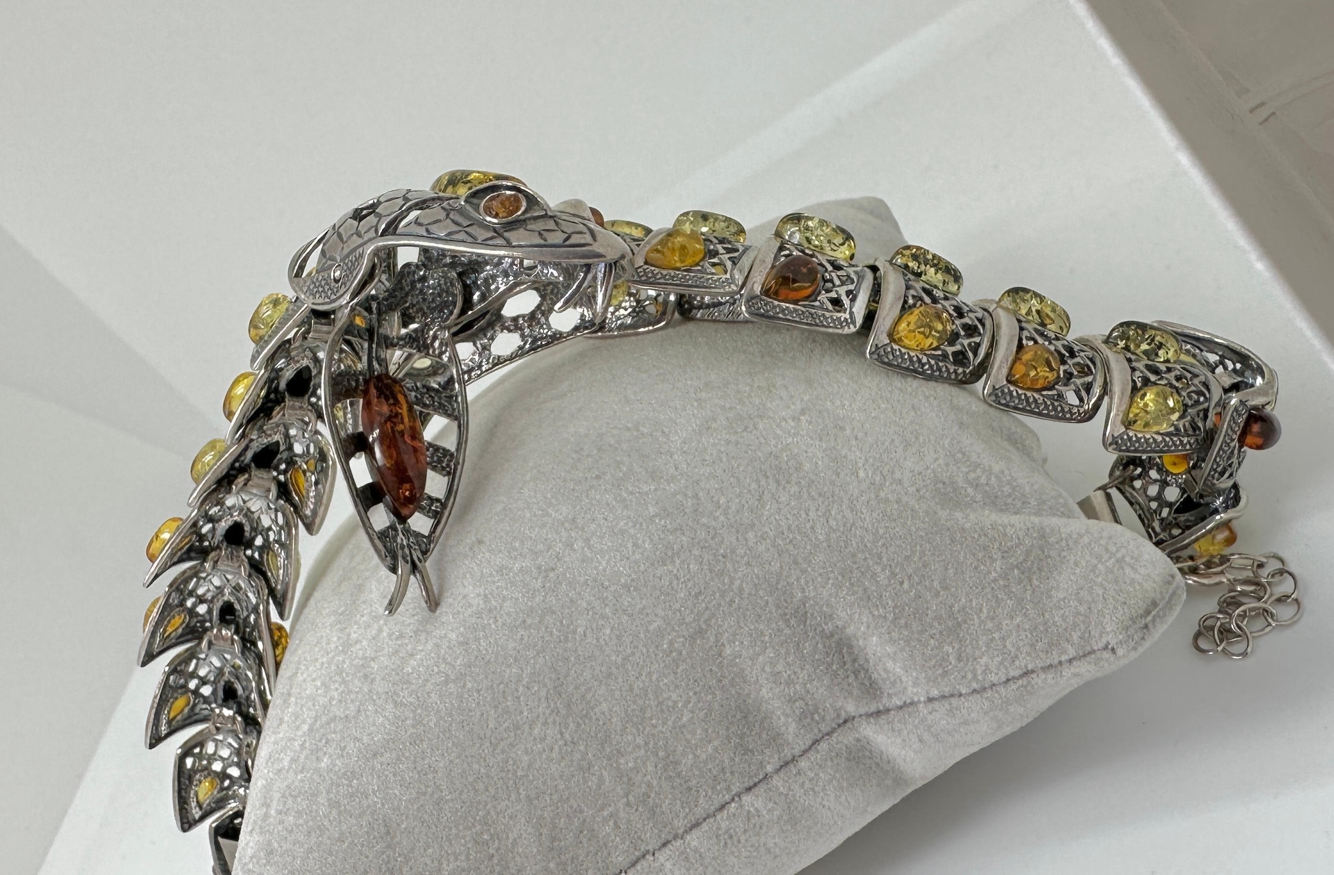 Amber Snake Bracelet Sterling Silver Articulated Mouth Opens  9