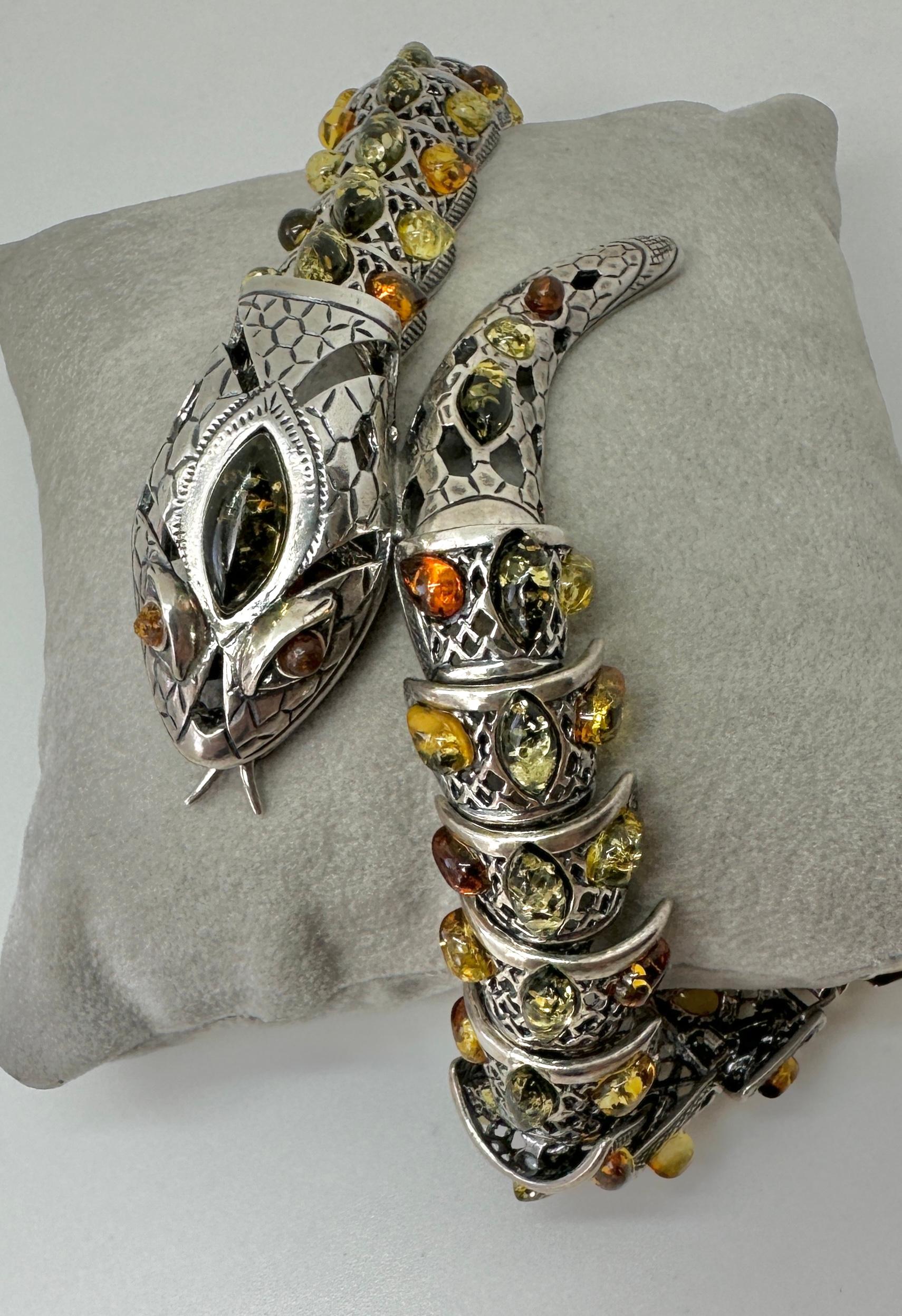 Retro Amber Snake Bracelet Sterling Silver Articulated Mouth Opens