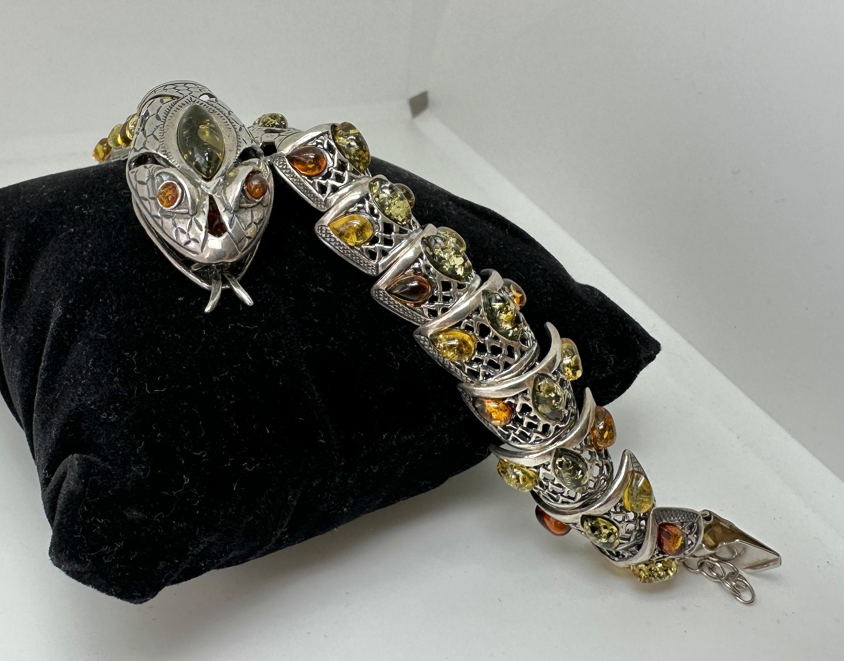 Cabochon Amber Snake Bracelet Sterling Silver Articulated Mouth Opens 