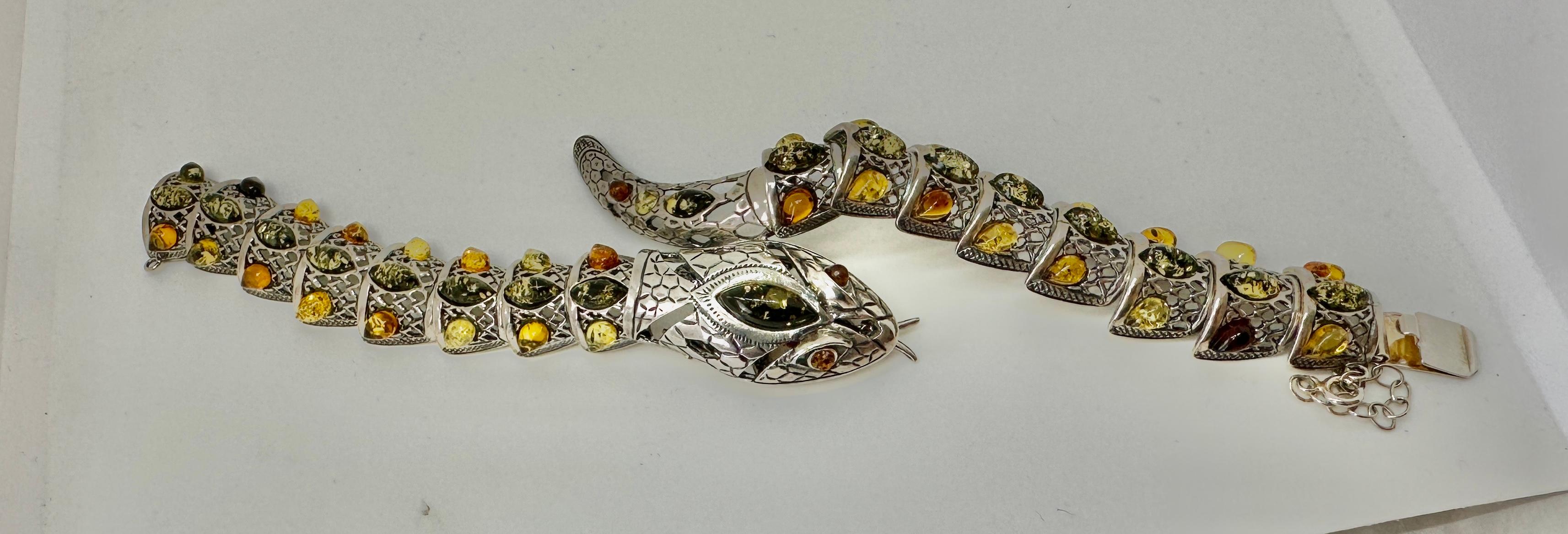 Amber Snake Bracelet Sterling Silver Articulated Mouth Opens  In Excellent Condition In New York, NY