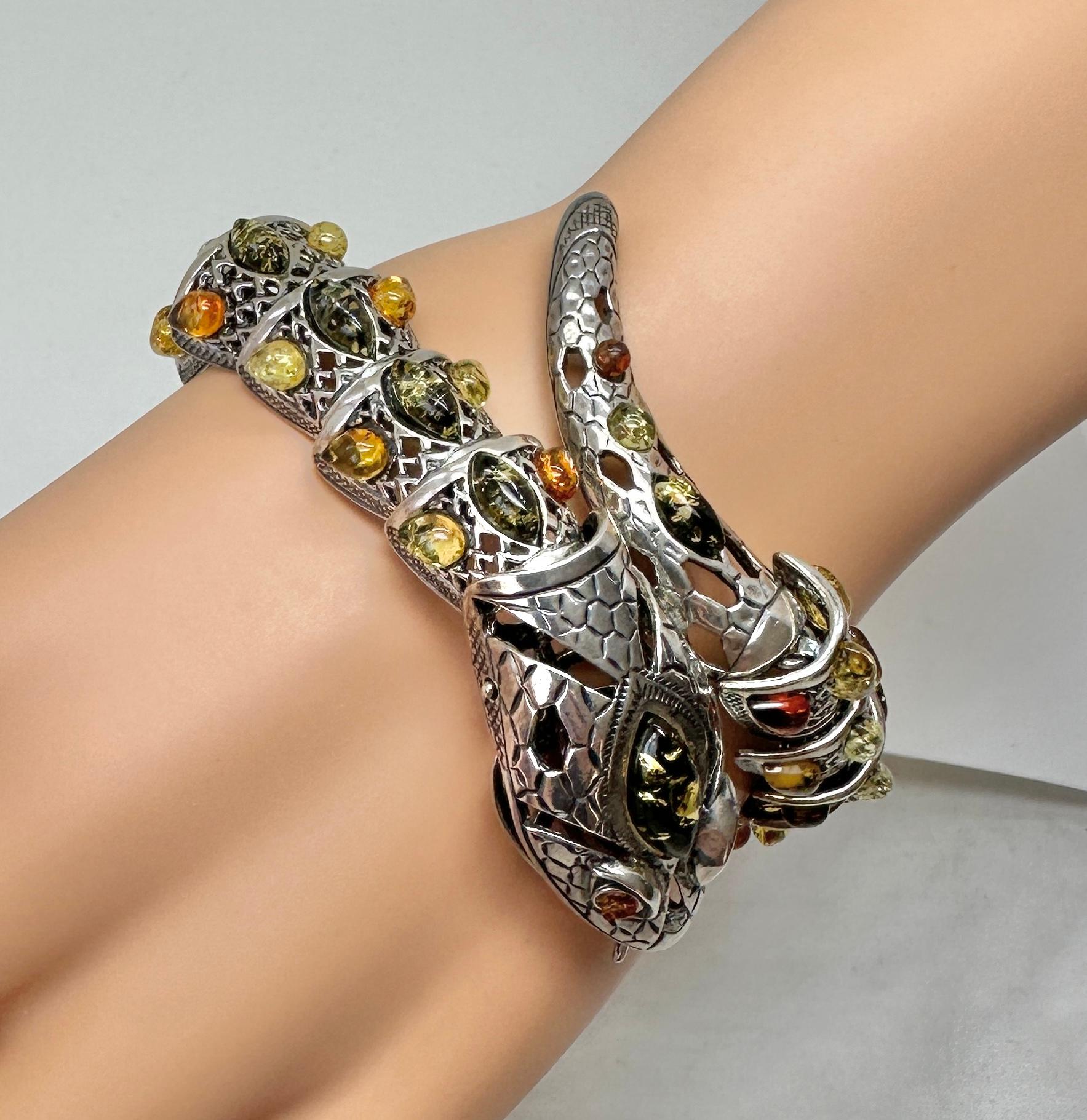 Women's or Men's Amber Snake Bracelet Sterling Silver Articulated Mouth Opens 