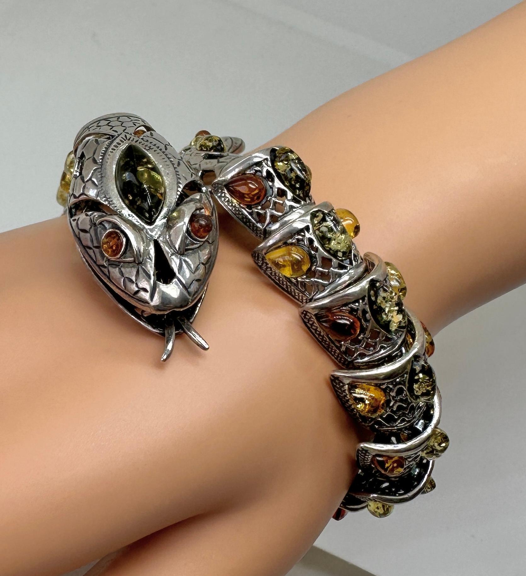 Amber Snake Bracelet Sterling Silver Articulated Mouth Opens  1