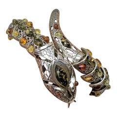 Bracelet articulé en forme de serpent en argent sterling ambré, ouvert à la bouche