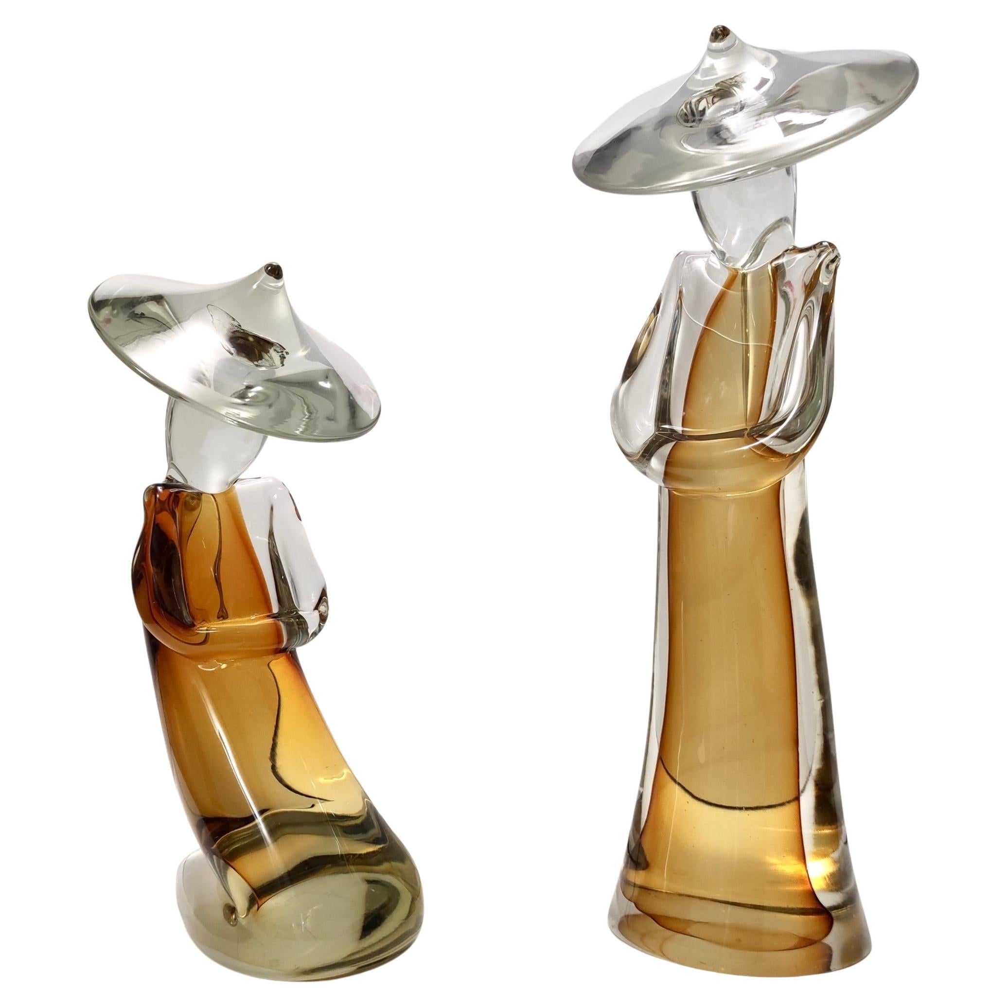 Amber Sommerso Glass Decorative Item of Two Chinese Figures by Archimede Seguso For Sale