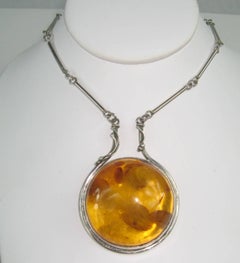 Amber Sterling Silver Pendant Modernist Necklace Massive