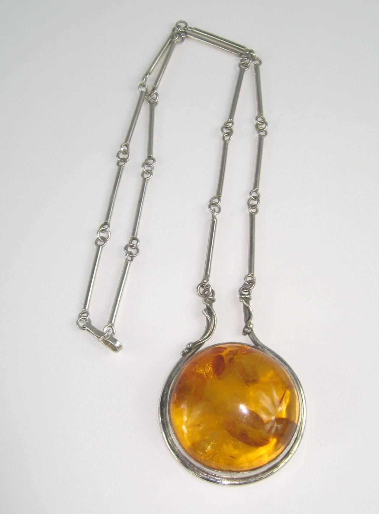  Amber Sterling Silver Pendant Modernist Necklace Massive In Good Condition For Sale In Wallkill, NY