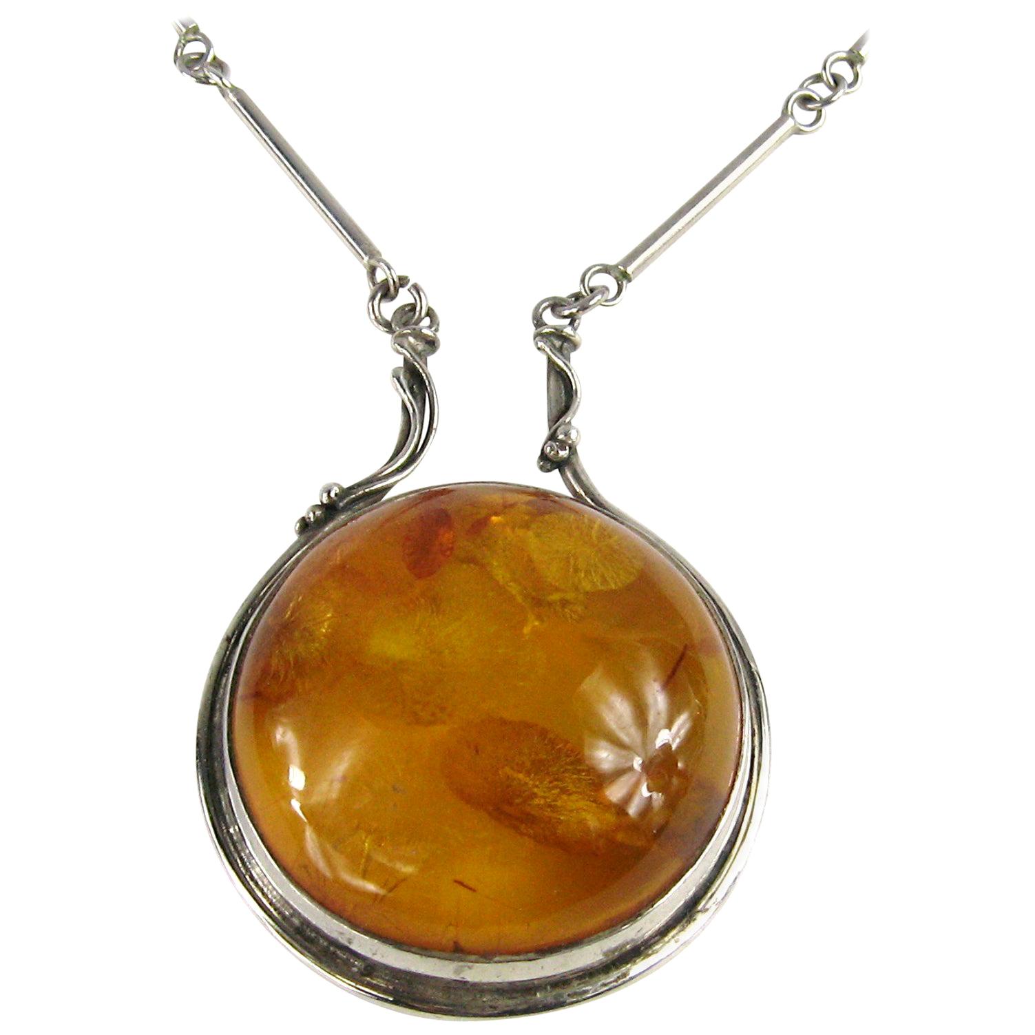  Amber Sterling Silver Pendant Modernist Necklace Massive For Sale