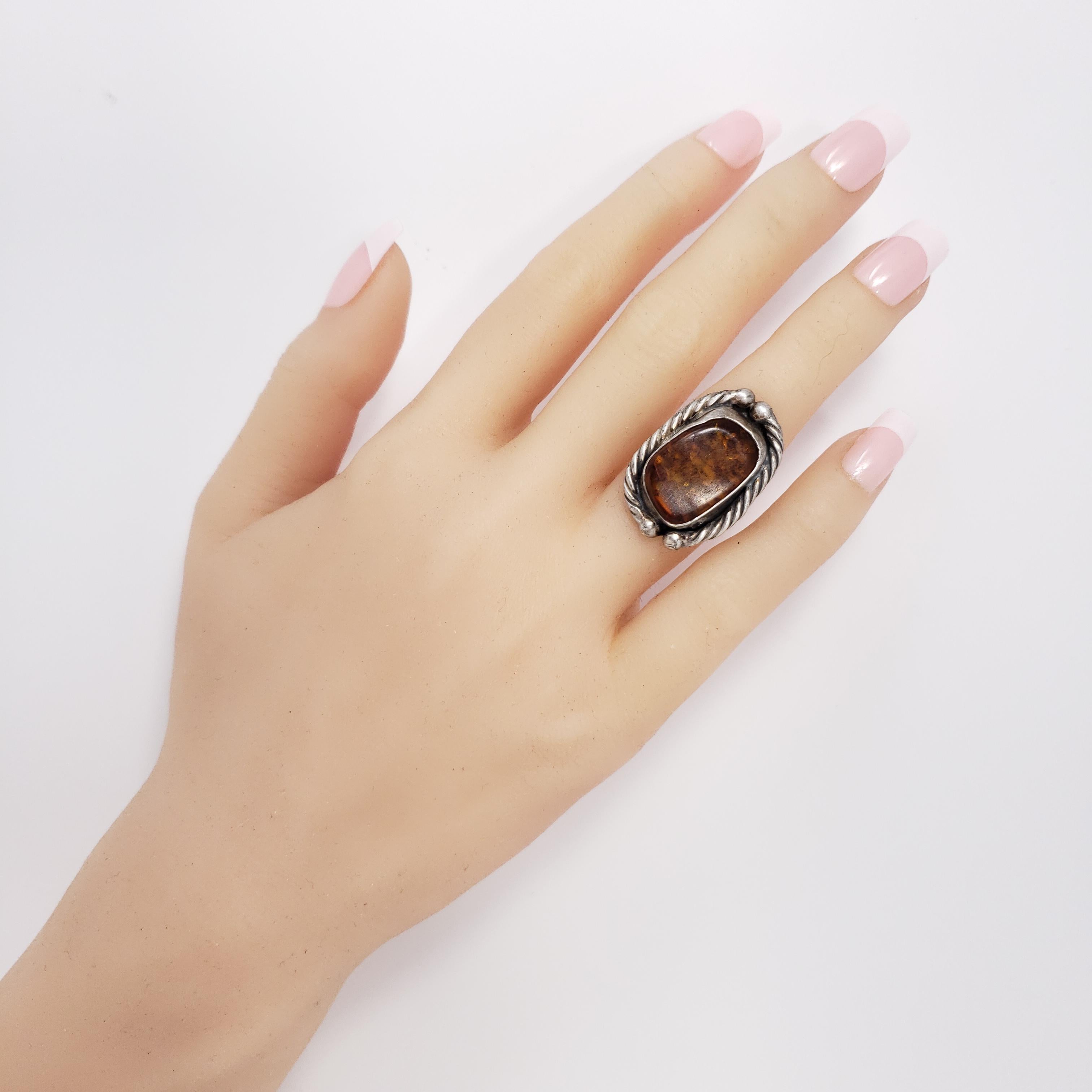 Retro Amber Sterling Silver Statement Ring, Vintage Accented Bezel For Sale