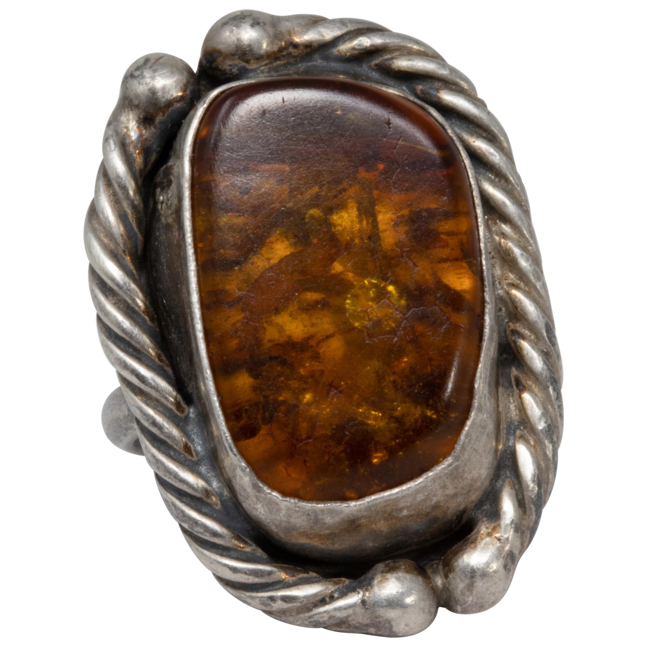 Amber Sterling Silver Statement Ring, Vintage Accented Bezel For Sale