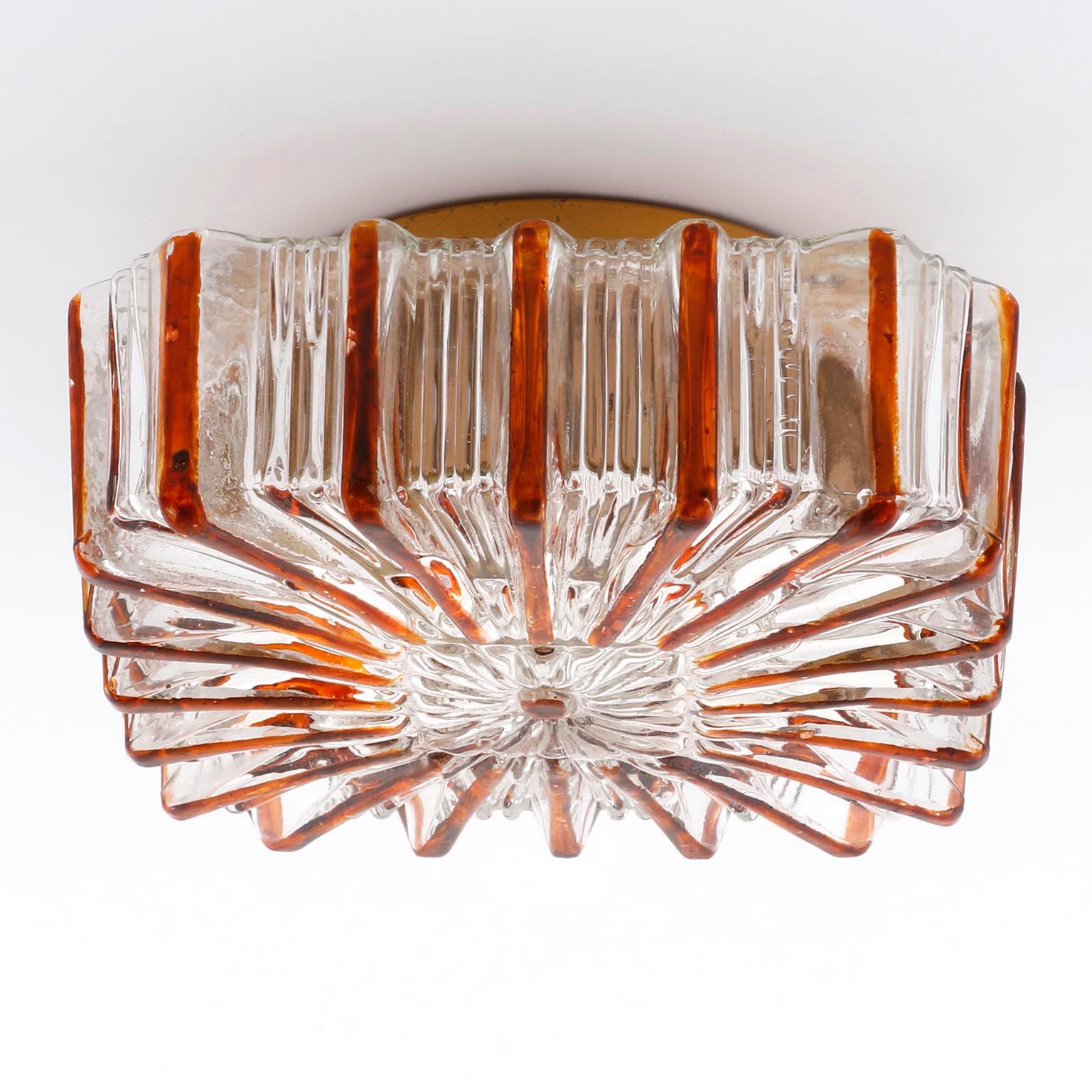 Mid-Century Modern Amber Tone Sunburst Glass Sconce or Flush Mount Light Fixture, 1970