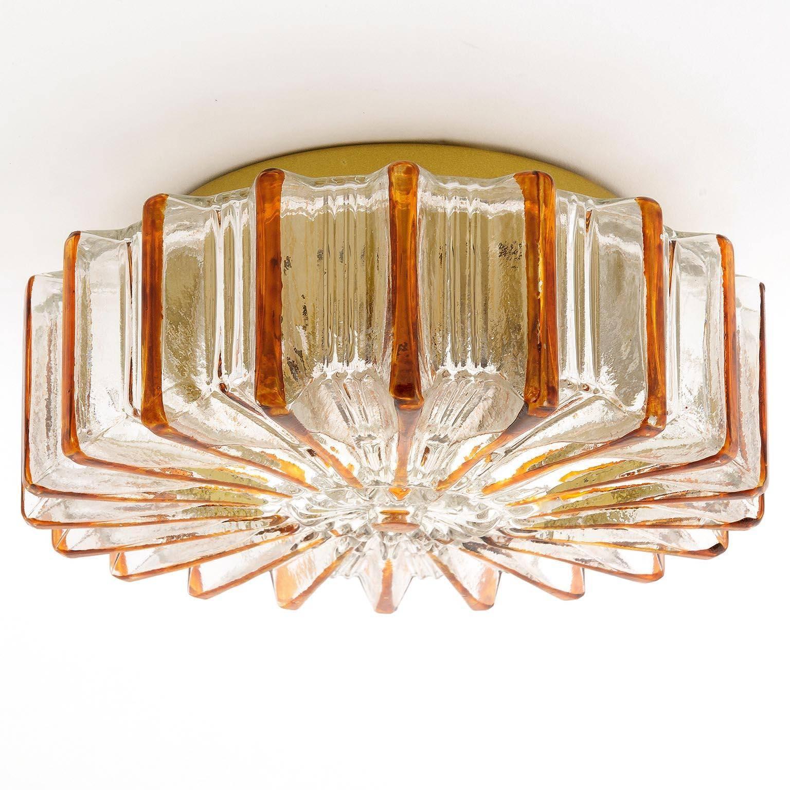 German Amber Tone Sunburst Glass Sconce or Flush Mount Light Fixture, 1970