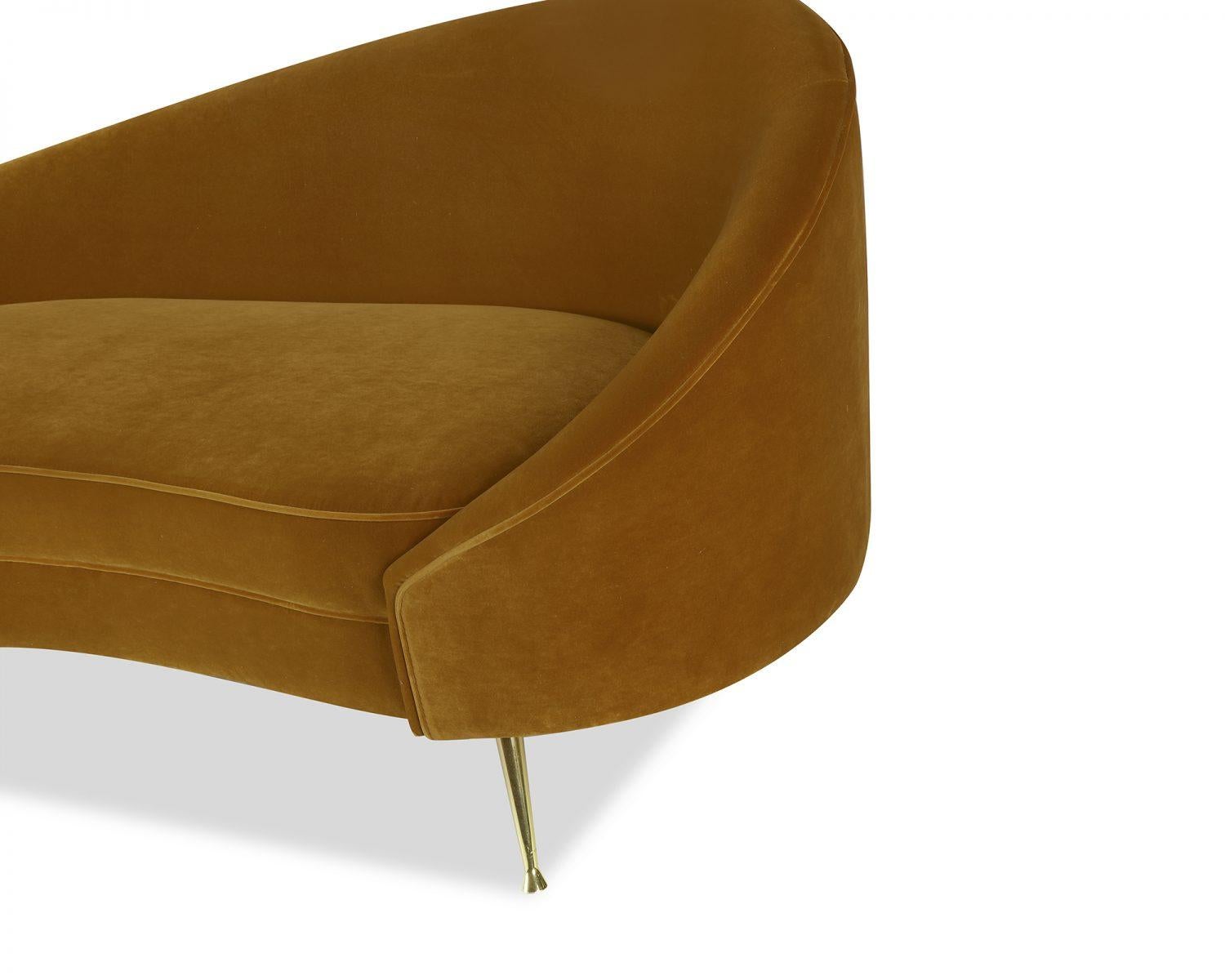 Amber velvet and brass sofa
Materials: Gainsborough Amber velvet polished brass legs
Dimensions: W 168 x D 77 x H 76 cm.
 