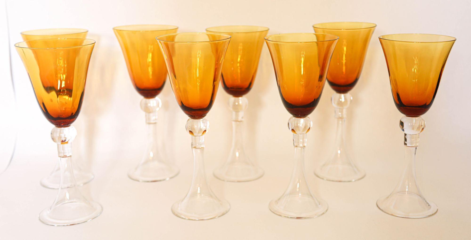 Art Deco Amber Water Goblet Crystal Wine Stemware Set of 8 For Sale