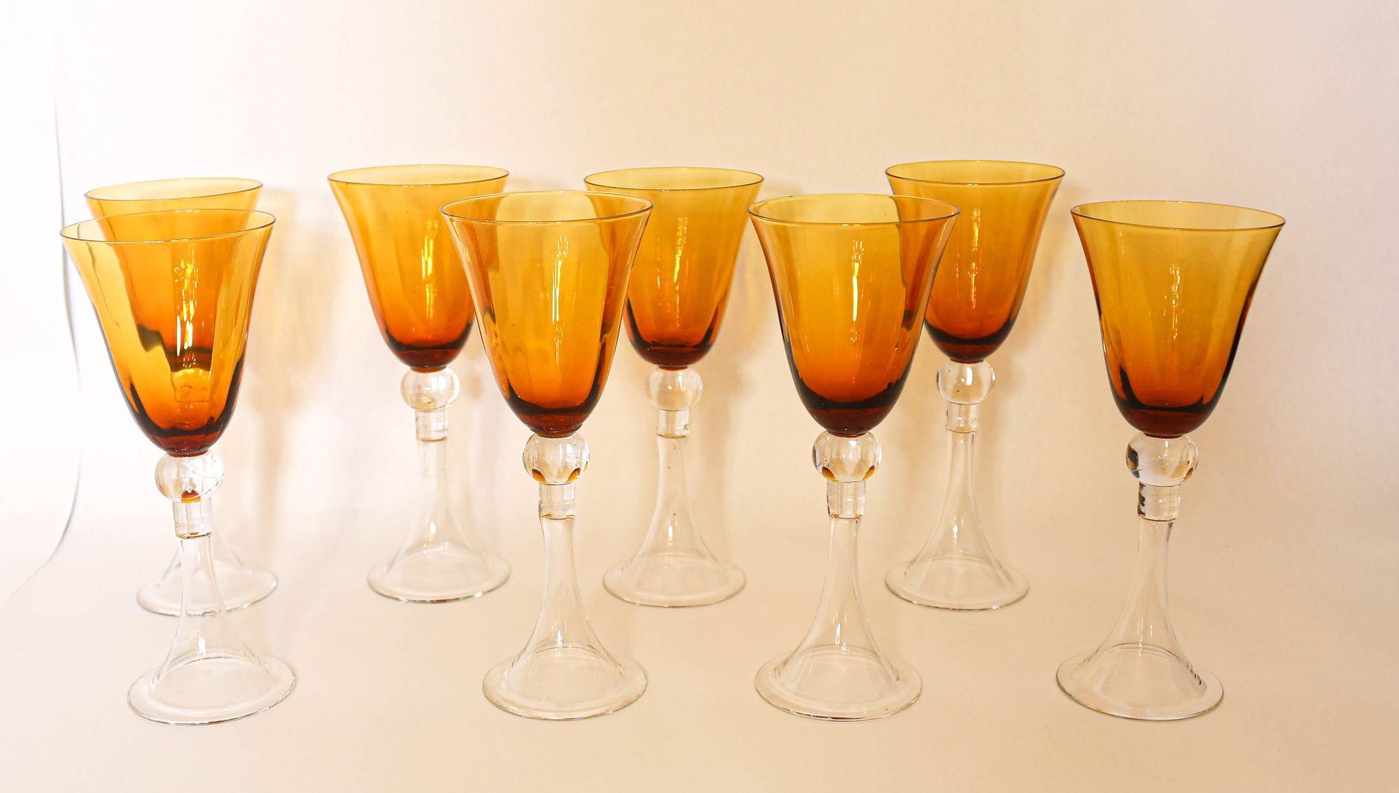 Unknown Amber Water Goblet Crystal Wine Stemware Set of 8 For Sale