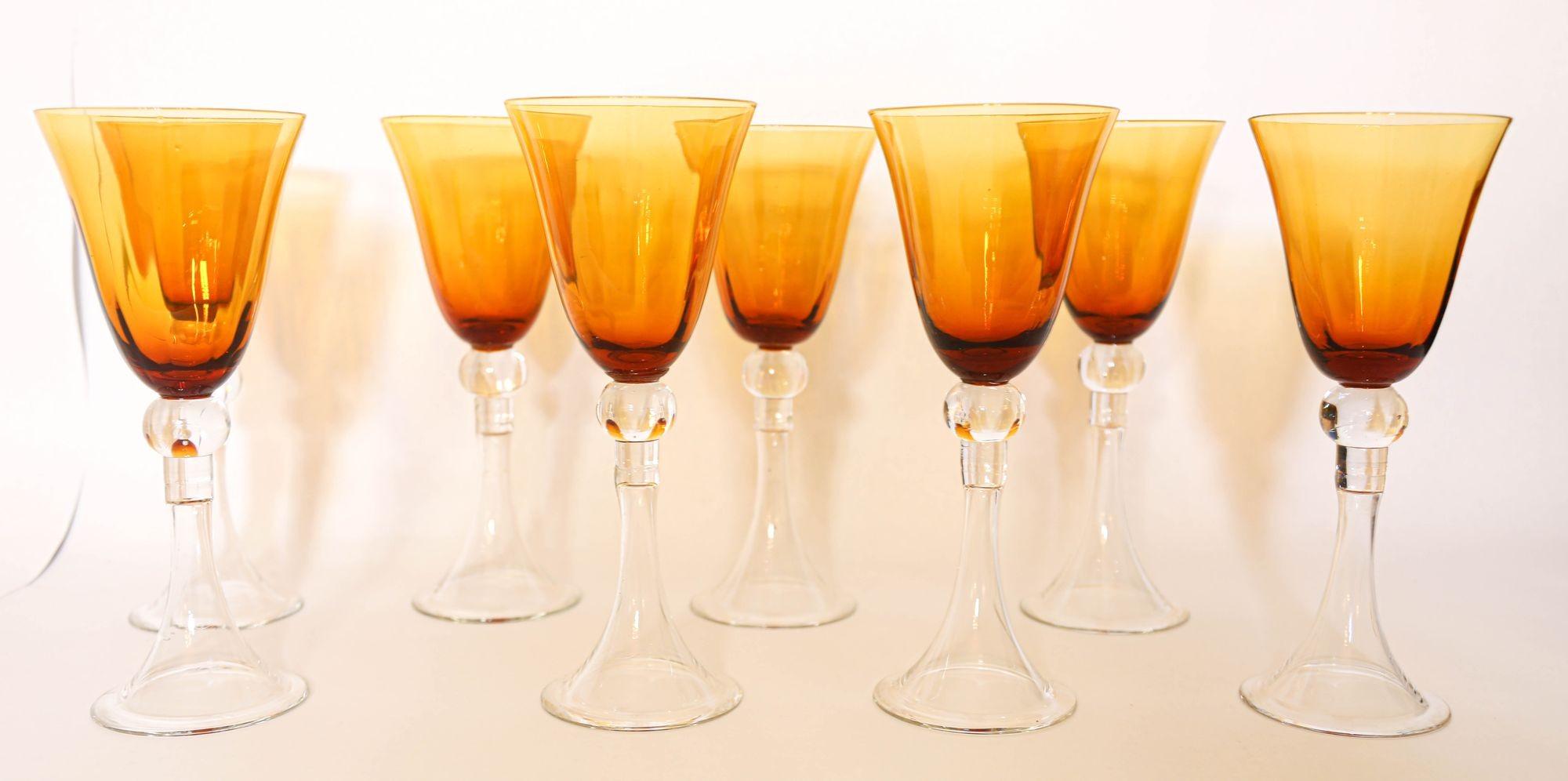 Hand-Crafted Amber Water Goblet Crystal Wine Stemware Set of 8 For Sale