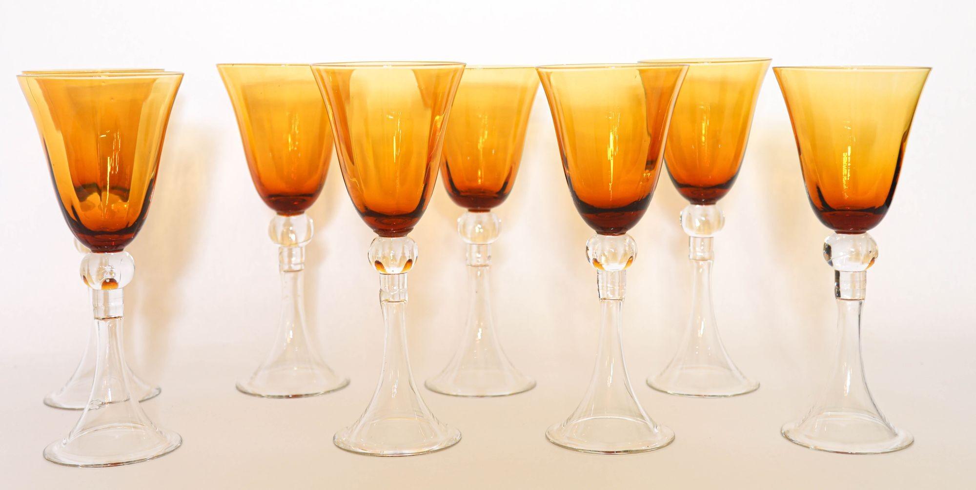 Amber Water Goblet Crystal Wine Stemware Set of 8 In Good Condition For Sale In North Hollywood, CA