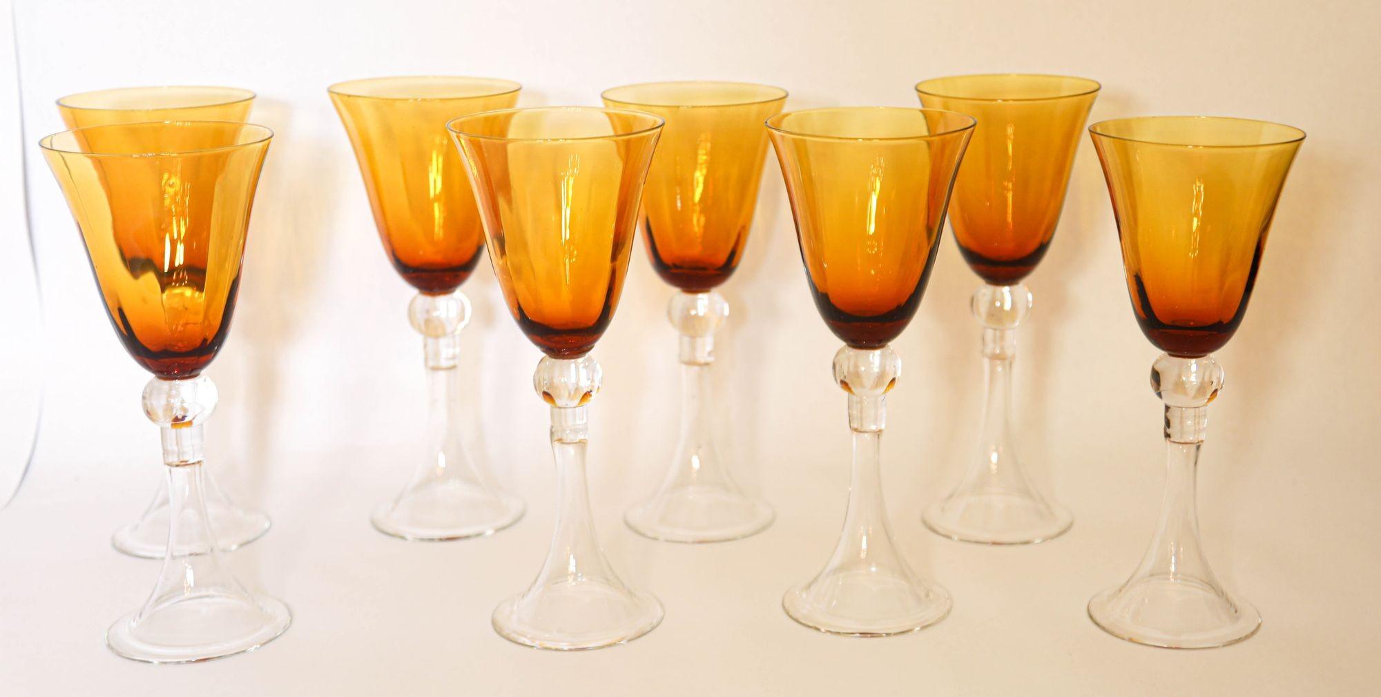 20th Century Amber Water Goblet Crystal Wine Stemware Set of 8 For Sale